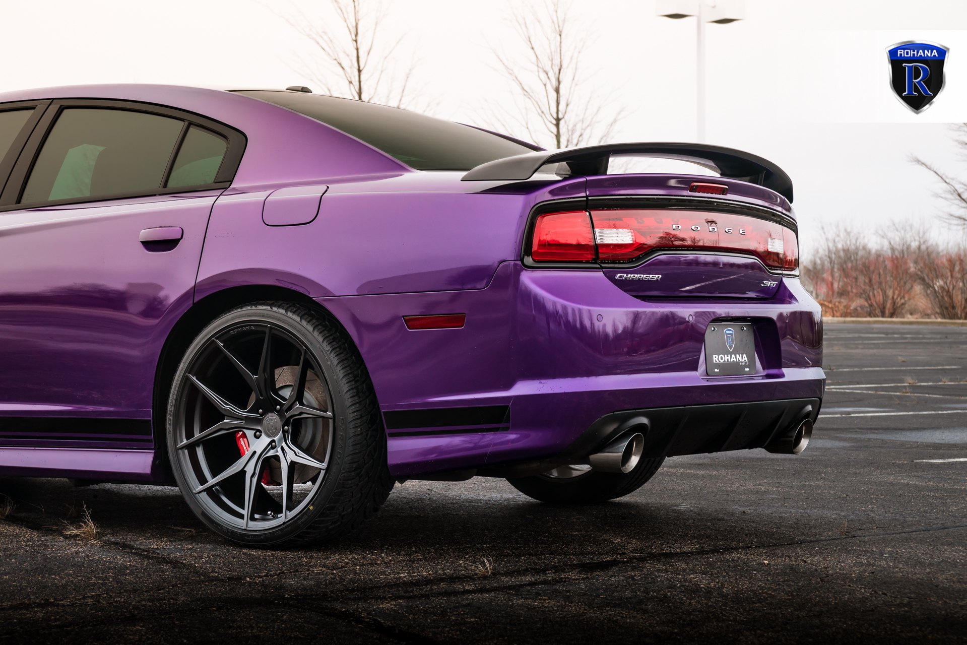 Custom Rear Diffuser on Purple Dodge Charger SRT - Photo by Rohana Wheels
