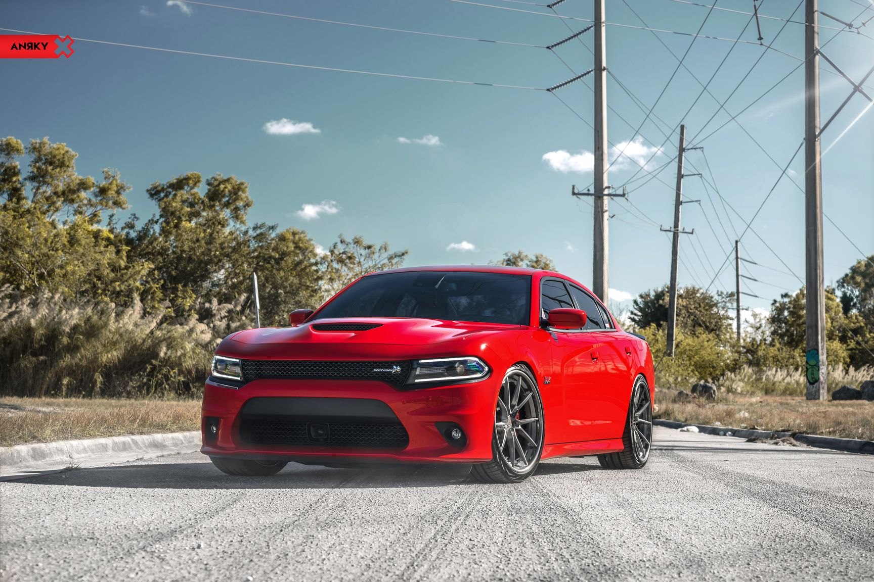 Custom Vented Hood on Red Dodge Charger SRT - Photo by Anrky Wheels