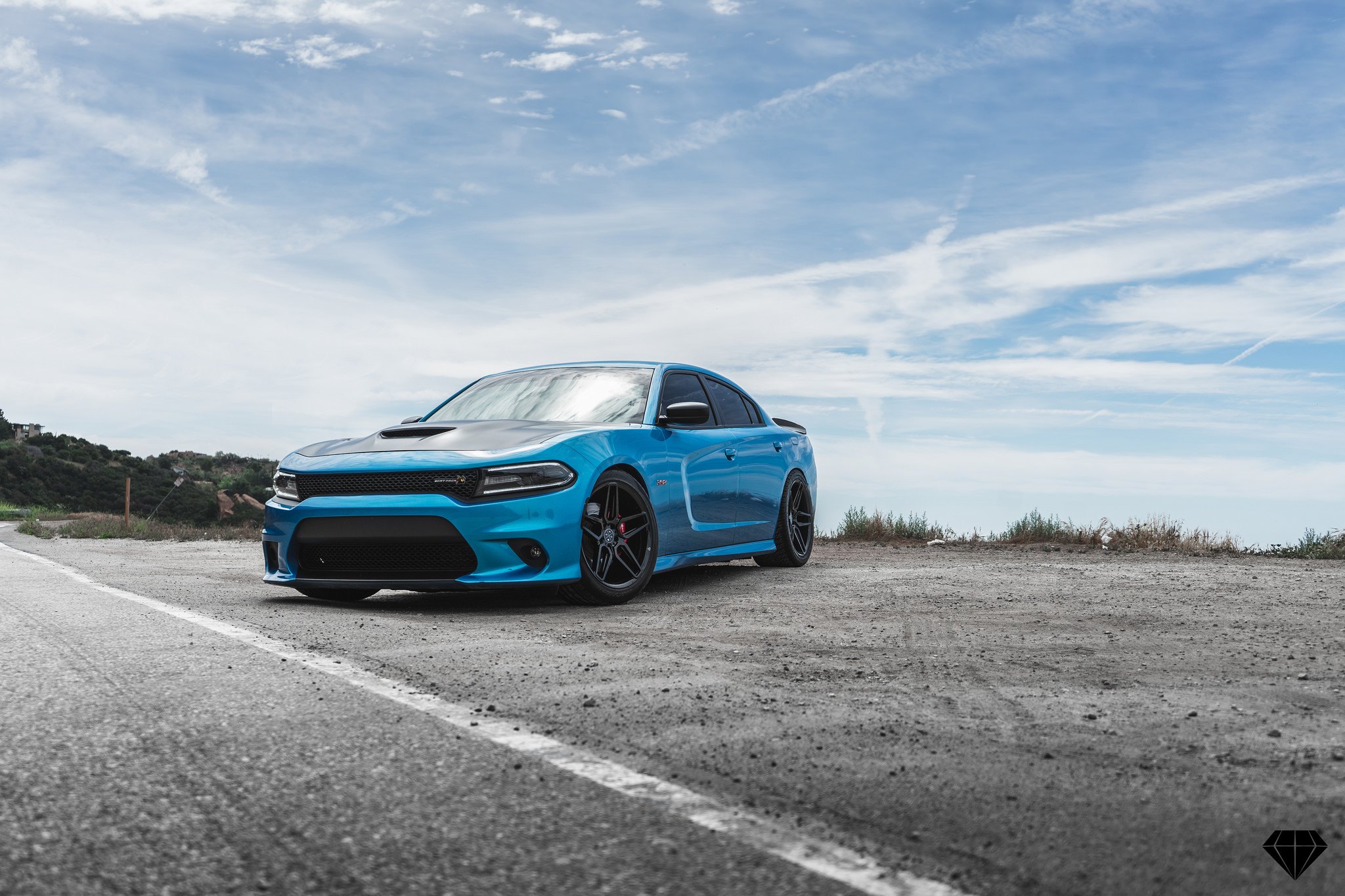 Custom Hood with Air Vent on Blue Dodge Charger - Photo by Blaque Diamond Wheels