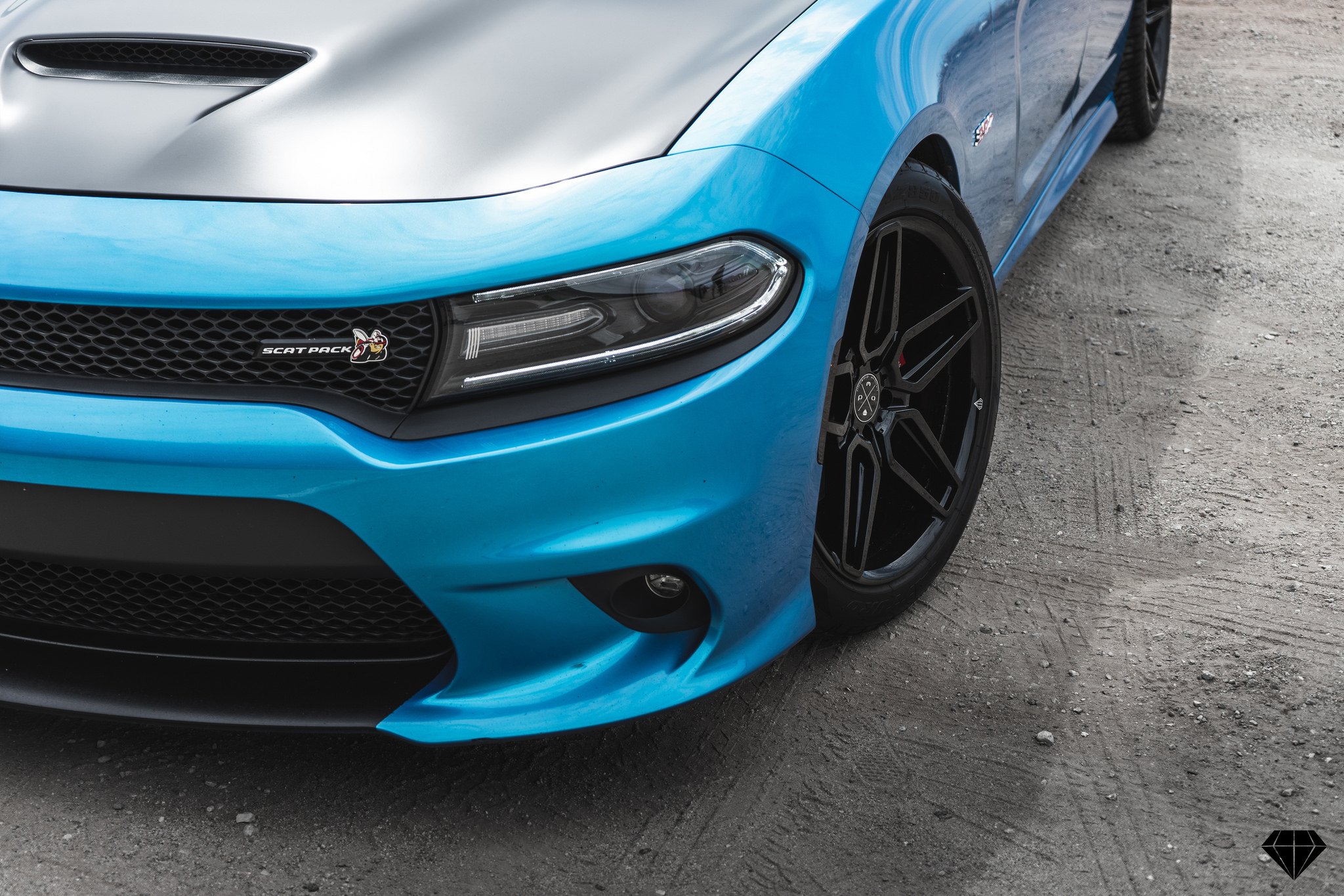 Blue Dodge Charger with Custom Dark Smoke Headlights - Photo by Blaque Diamond Wheels
