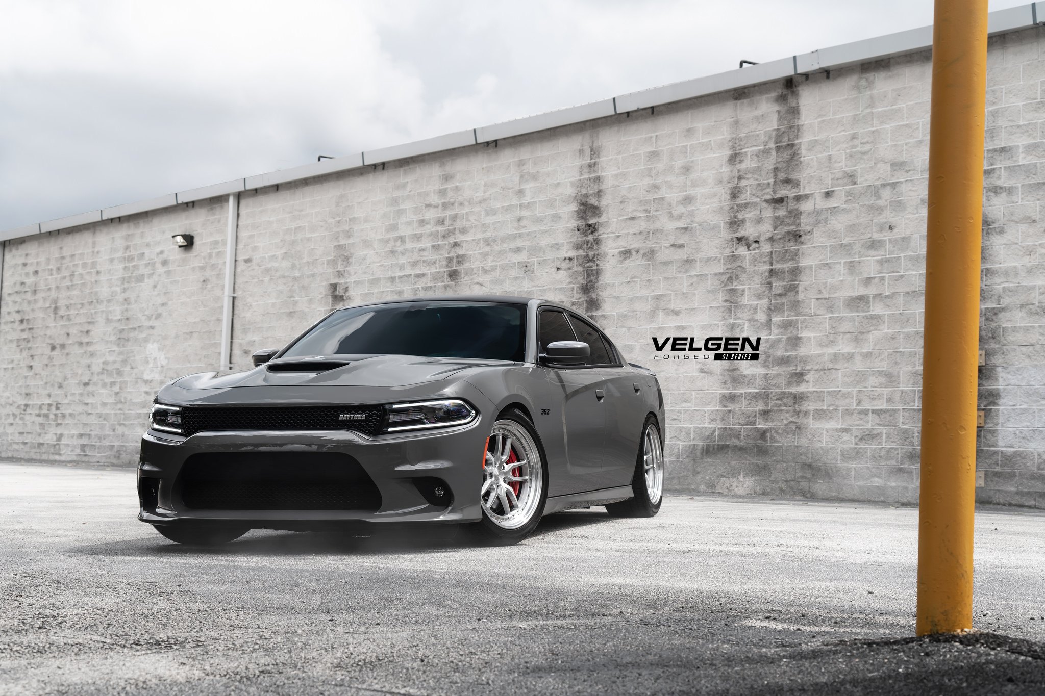 Custom Vented Hood on Gray Dodge Charger Daytona - Photo by Velgen Wheels
