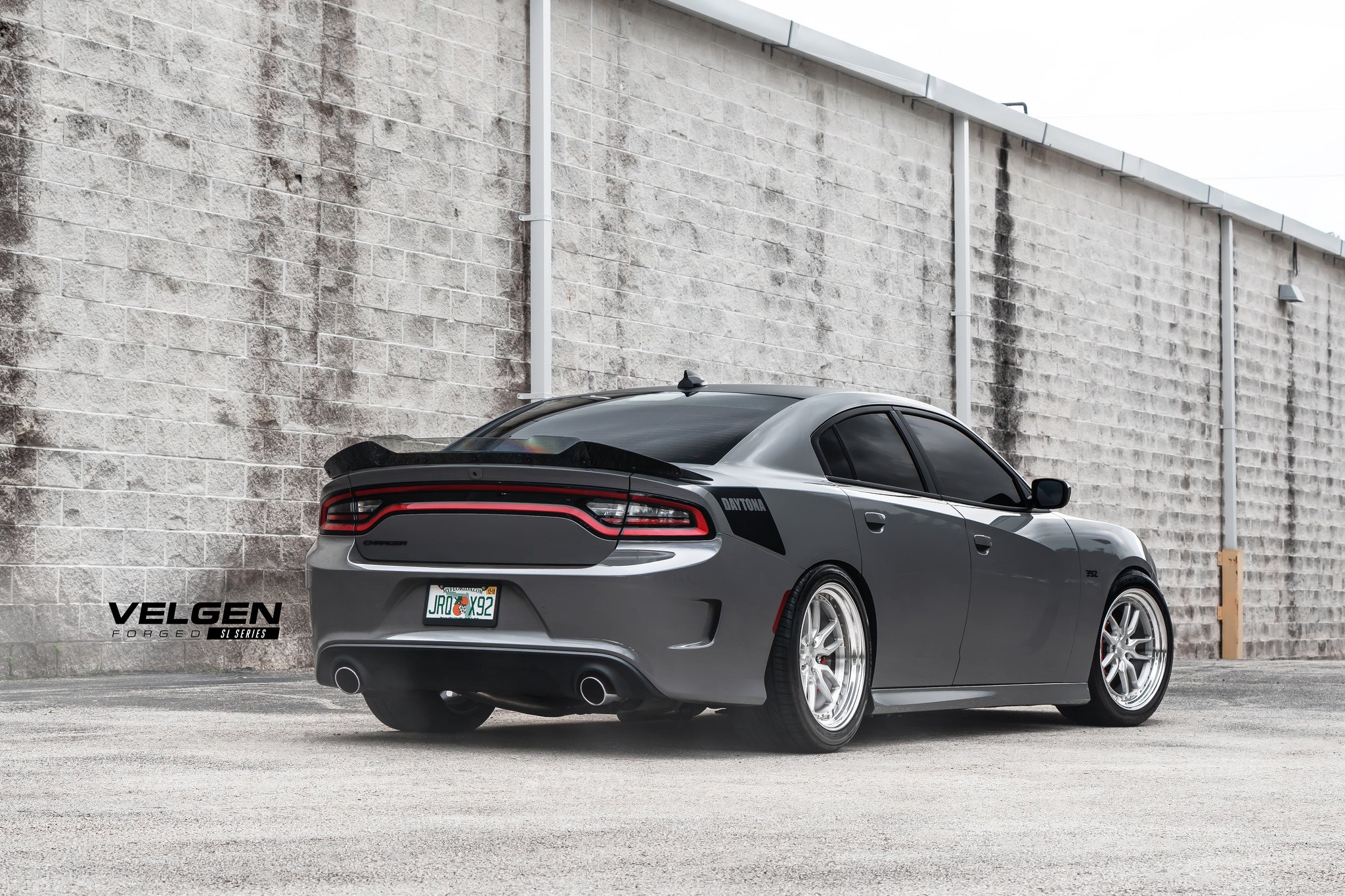 Aftermarket Rear Spoiler on Gray Dodge Charger - Photo by Velgen Wheels