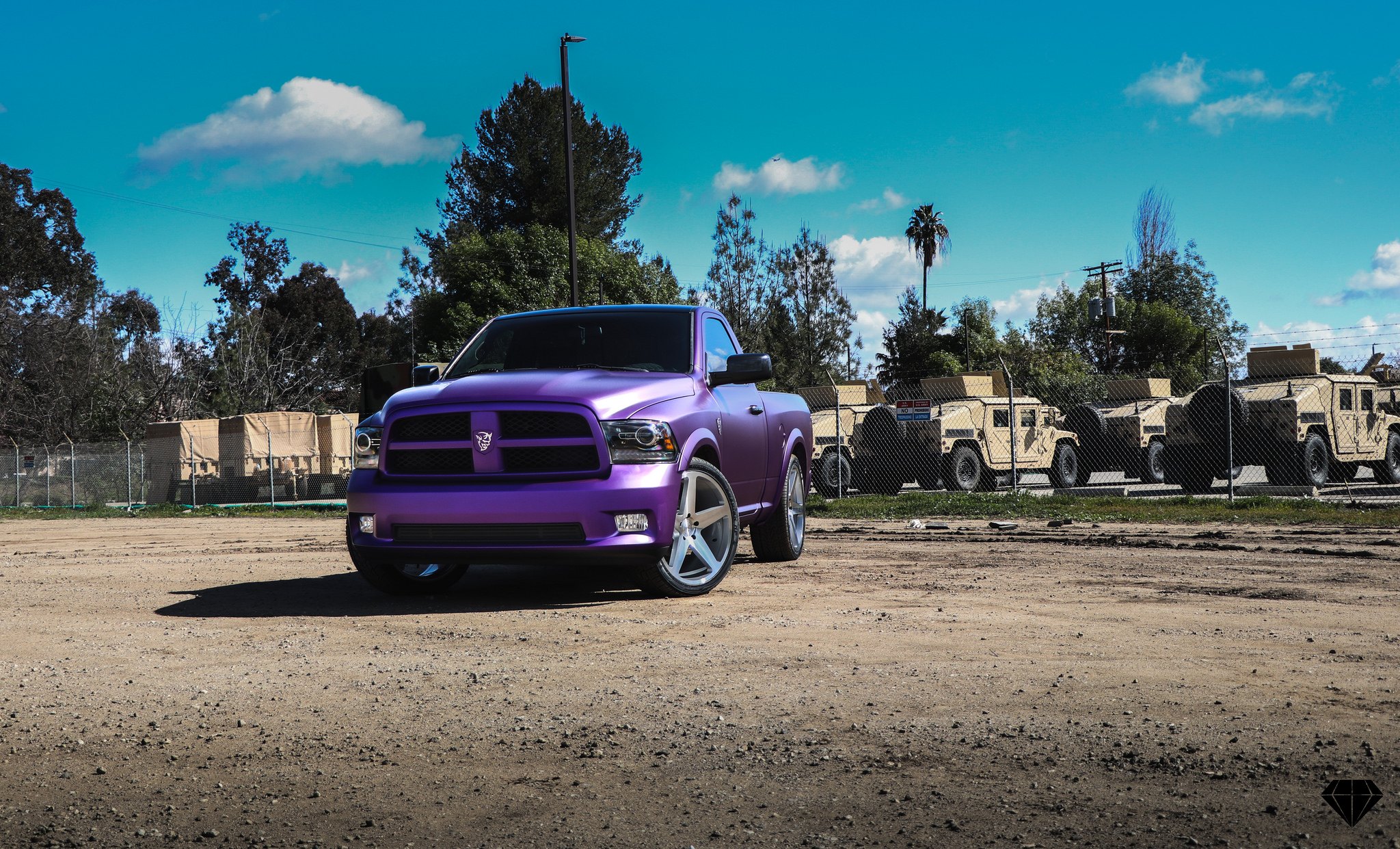 Aftermarket Headlights on Matte Purple Dodge Ram - Photo by Blaque Diamond Wheels