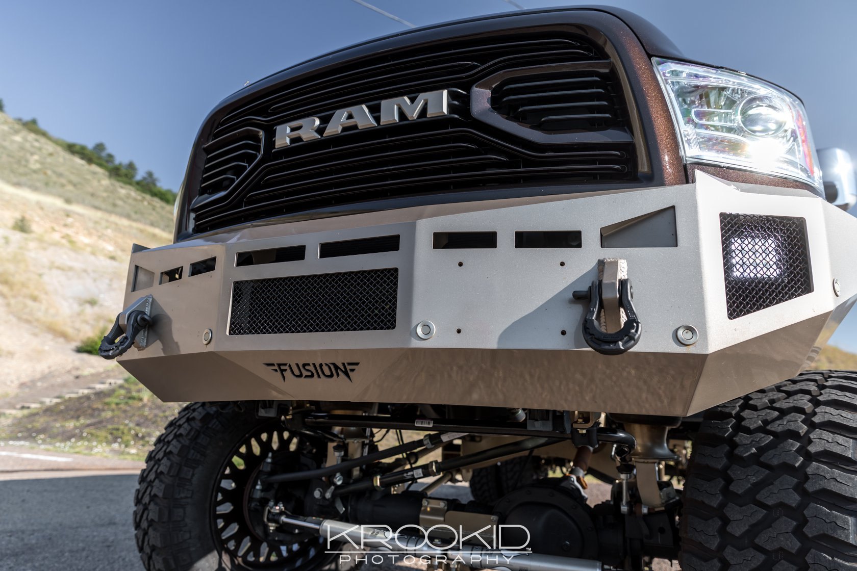 Brown Lifted Dodge Ram with Fusion Front Bumper - Photo by Krookid Photography