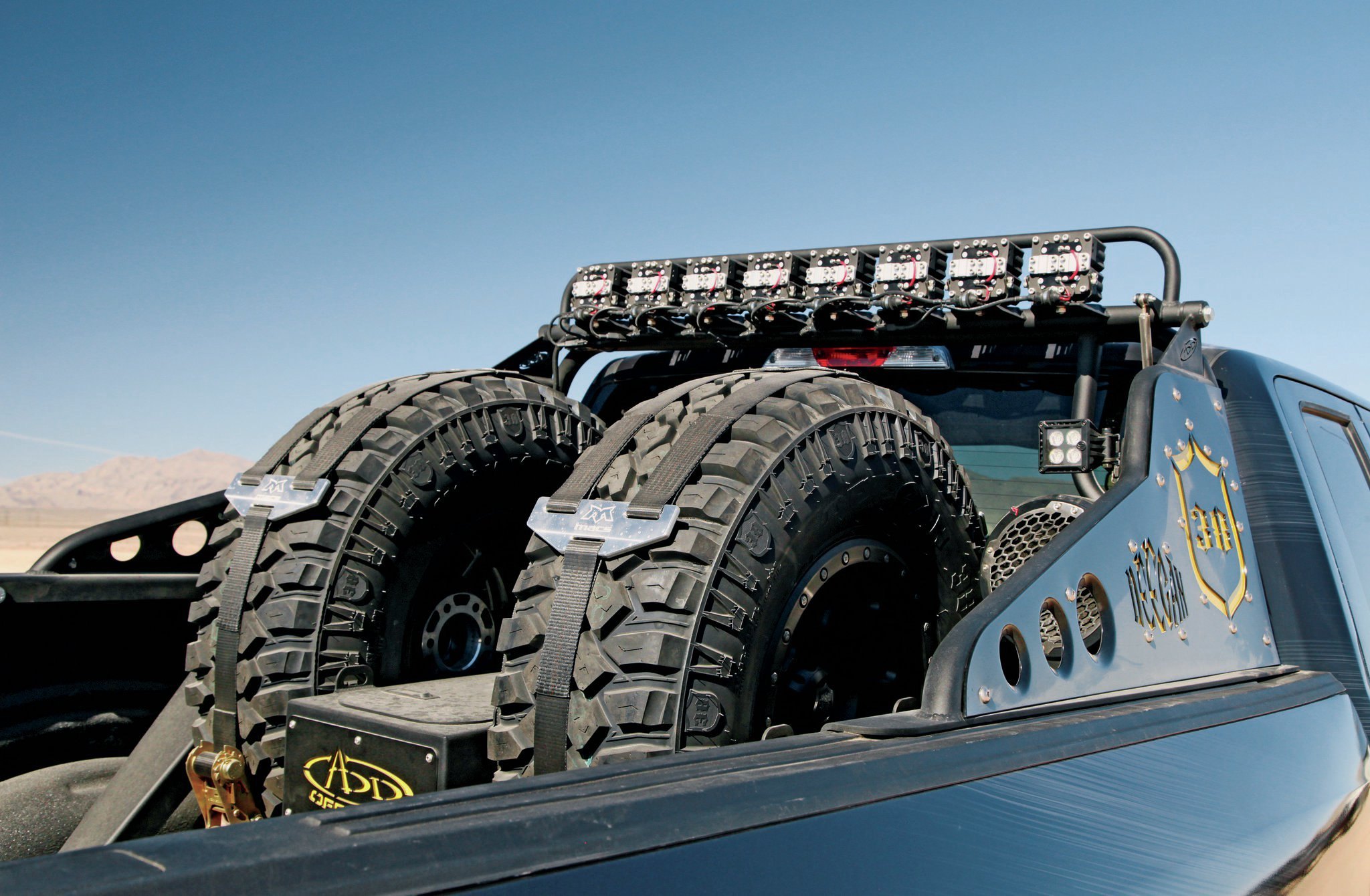 Truck bed chase rack with spare tire holder - Photo by Chris Shelton