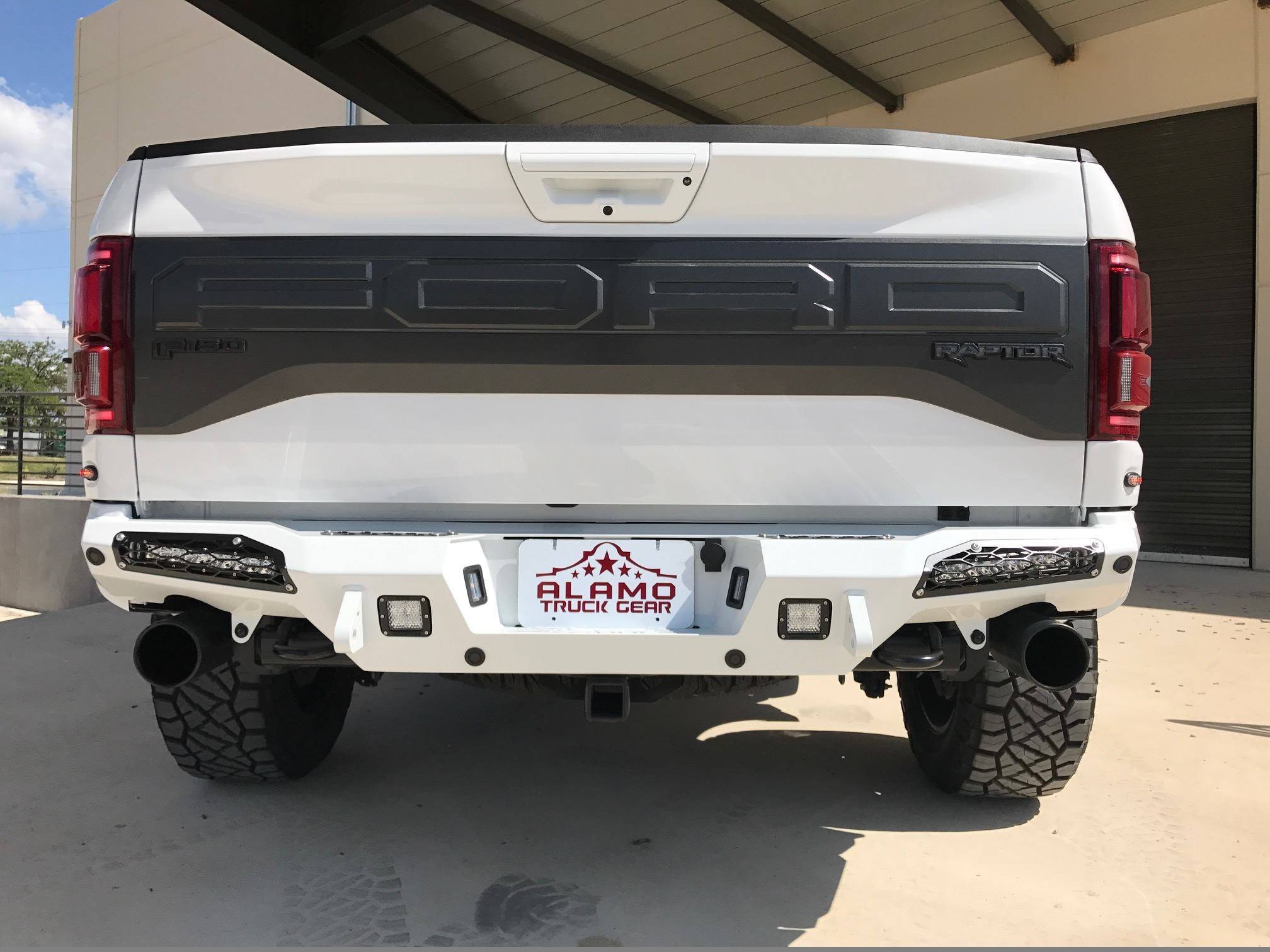 Off-Road Rear Bumper on White Lifted Ford F-150 - Photo by Addictive Desert Designs
