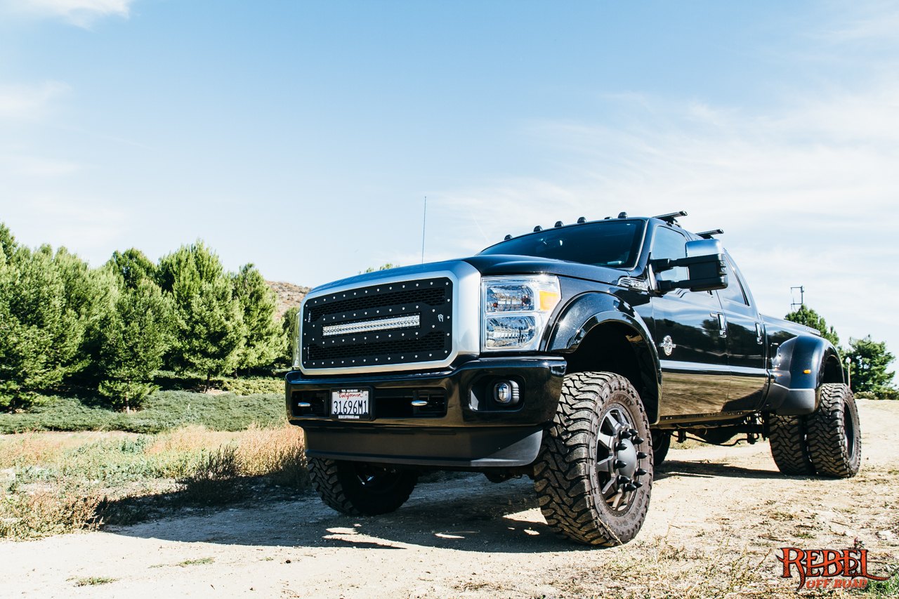 Custom Mesh Grille on Black Lifted Ford F-350 - Photo by Rebel Off-Road