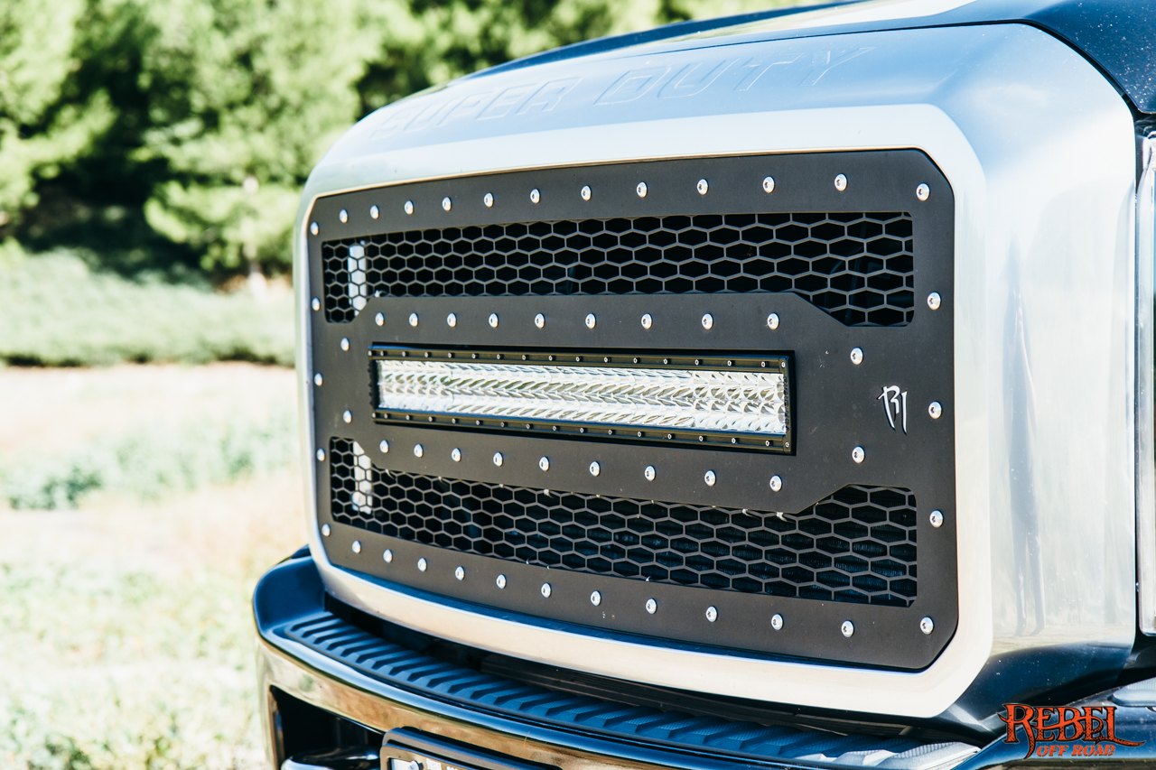 Mesh Grille with LED Light Bar on Black Lifted Ford F-350 - Photo by Rebel Off-Road