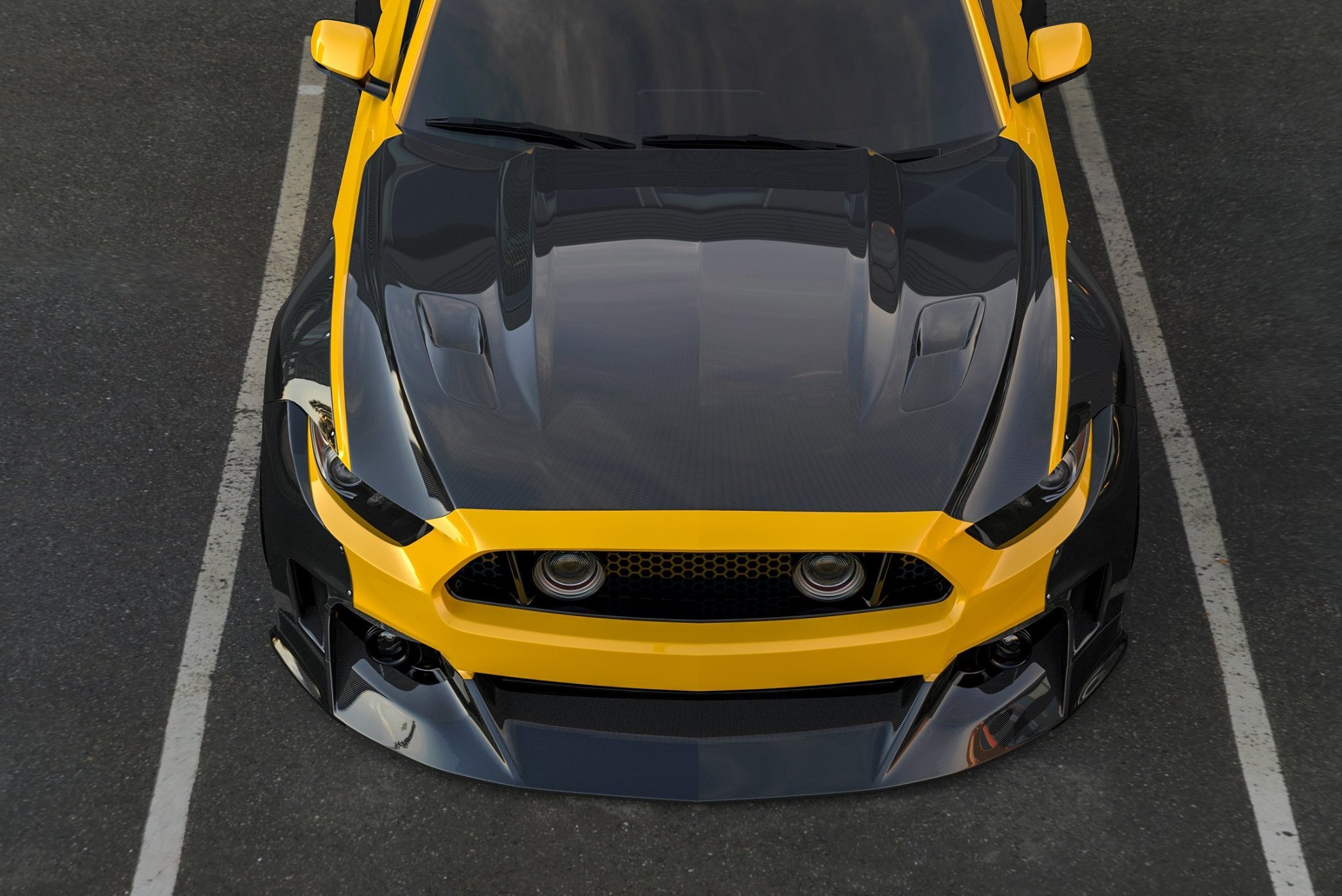 Yellow Ford Mustang with Carbon Fiber Hood - Photo by Clinched