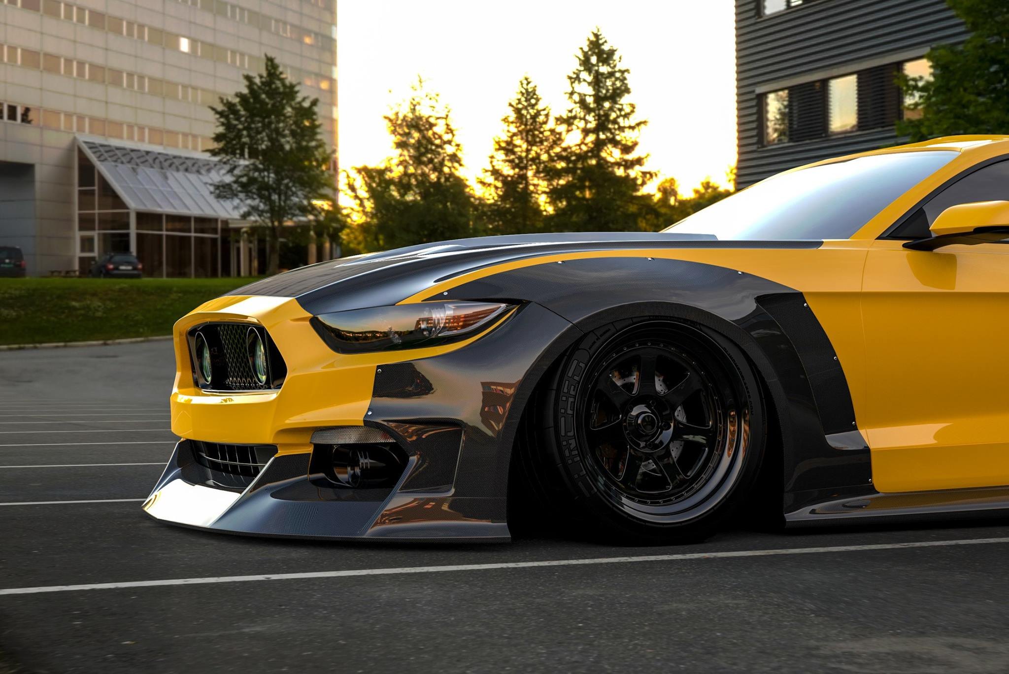 Carbon Fiber Front Bumper on Yellow Ford Mustang - Photo by Clinched