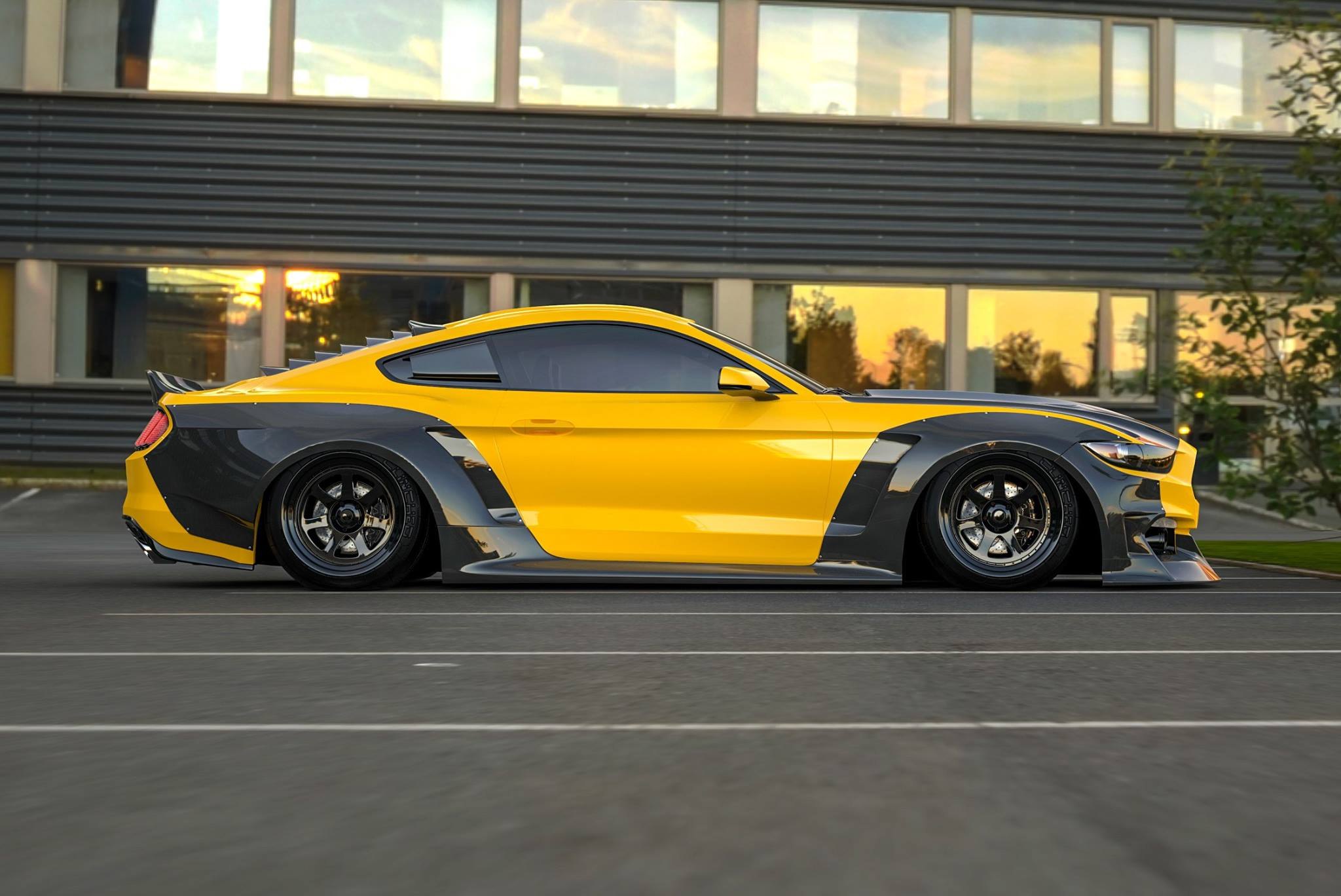 Carbon Fiber Side Skirts on Yellow Ford Mustang - Photo by Clinched
