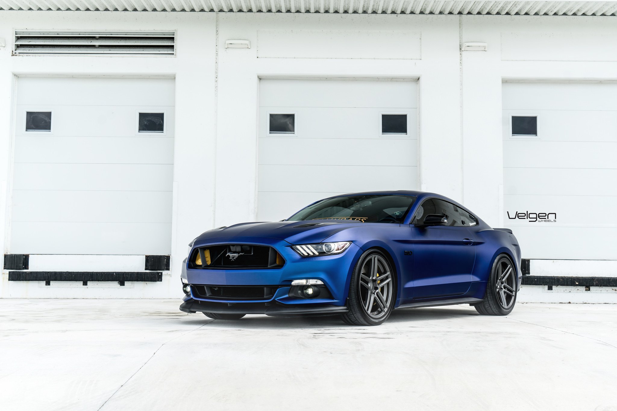 Custom Hood with Air Vents on Blue Ford Mustang - Photo by Velgen