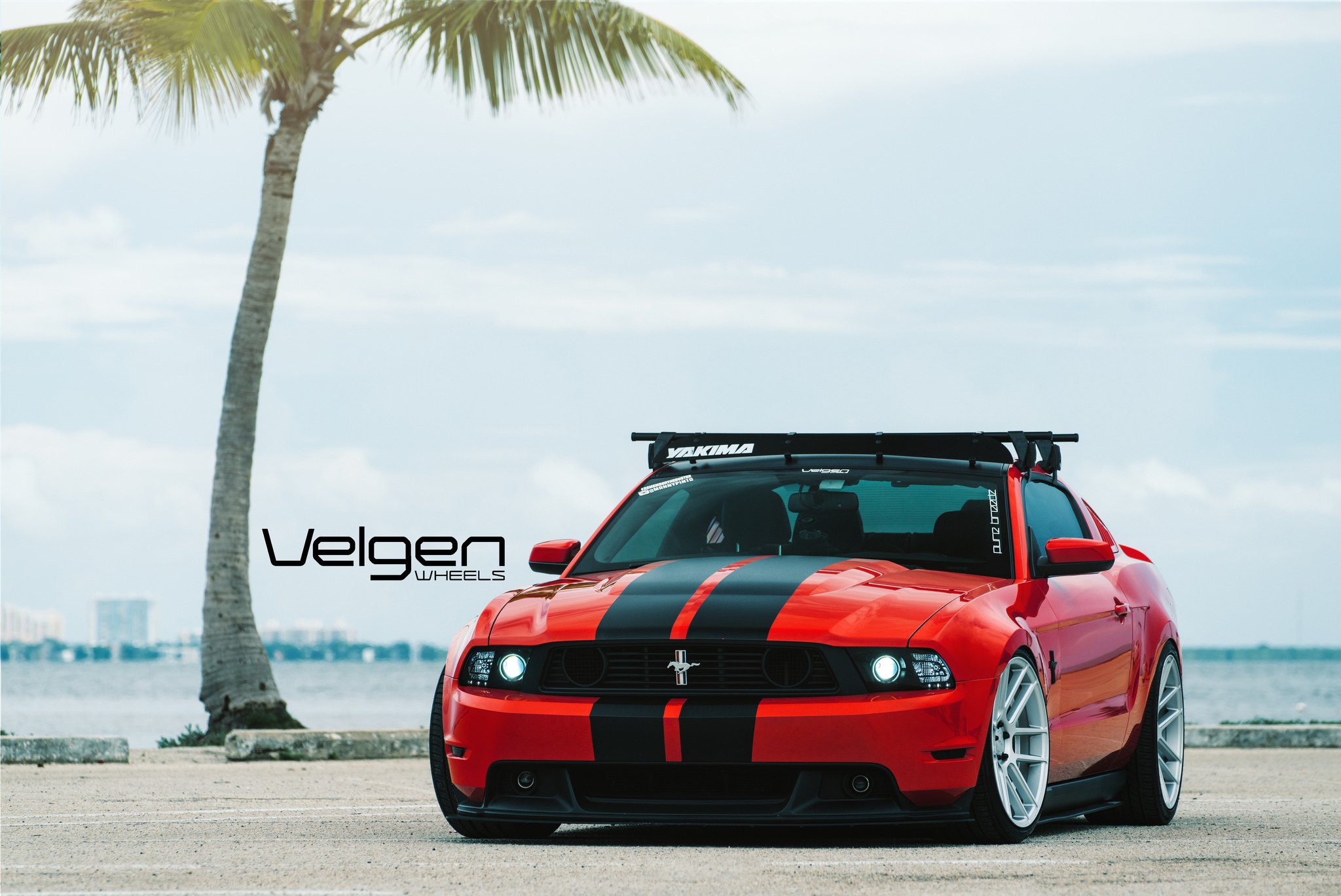 Red Ford Mustang With Yakima Roof Rack - Photo by Velgen