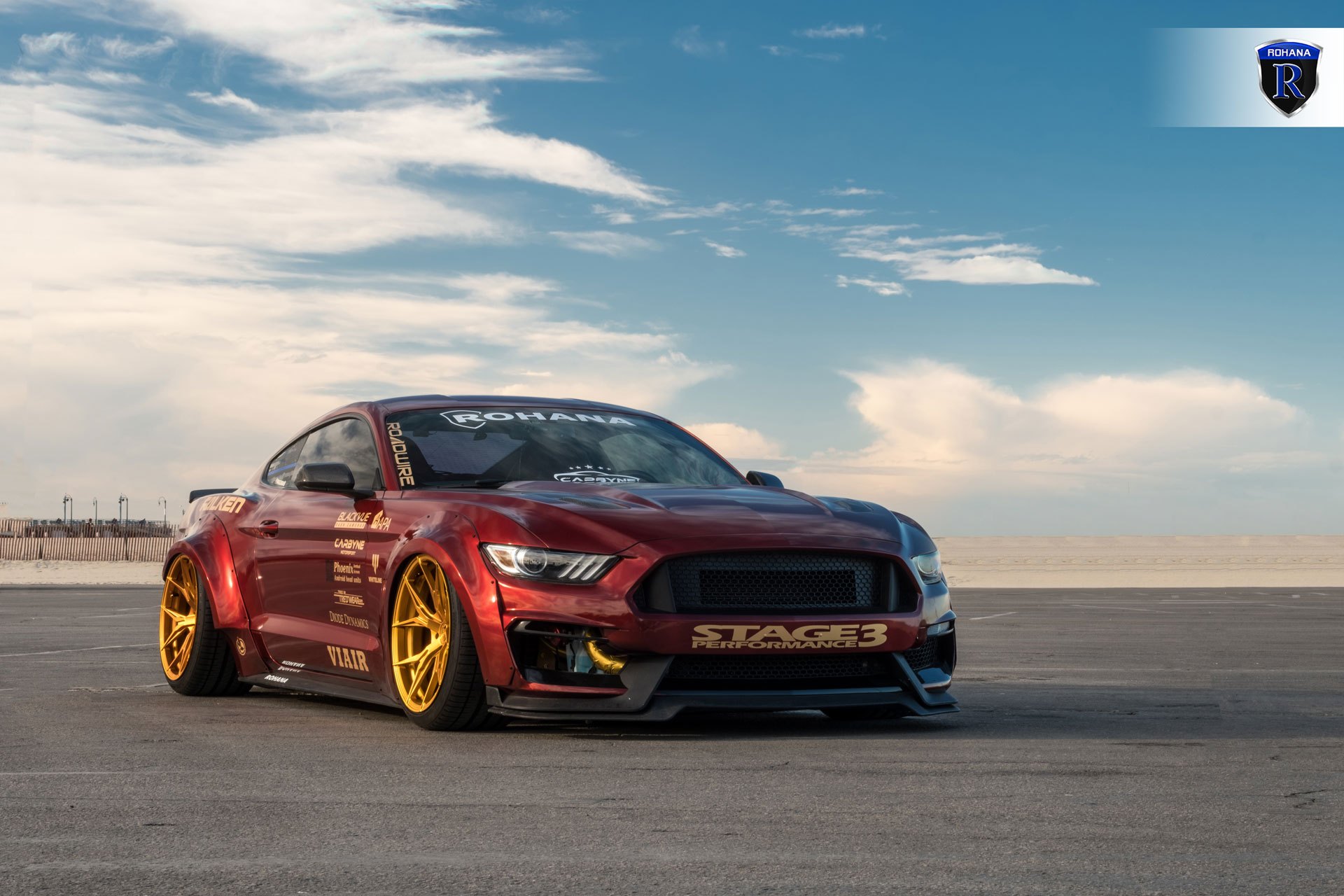 Red Debadged Ford Mustang with Custom Body Kit - Photo by Rohana Wheels