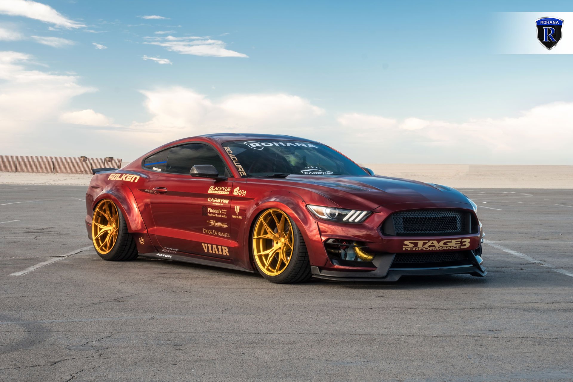 Aftermarket Front Lip on Red Debadged Ford Mustang - Photo by Rohana Wheels