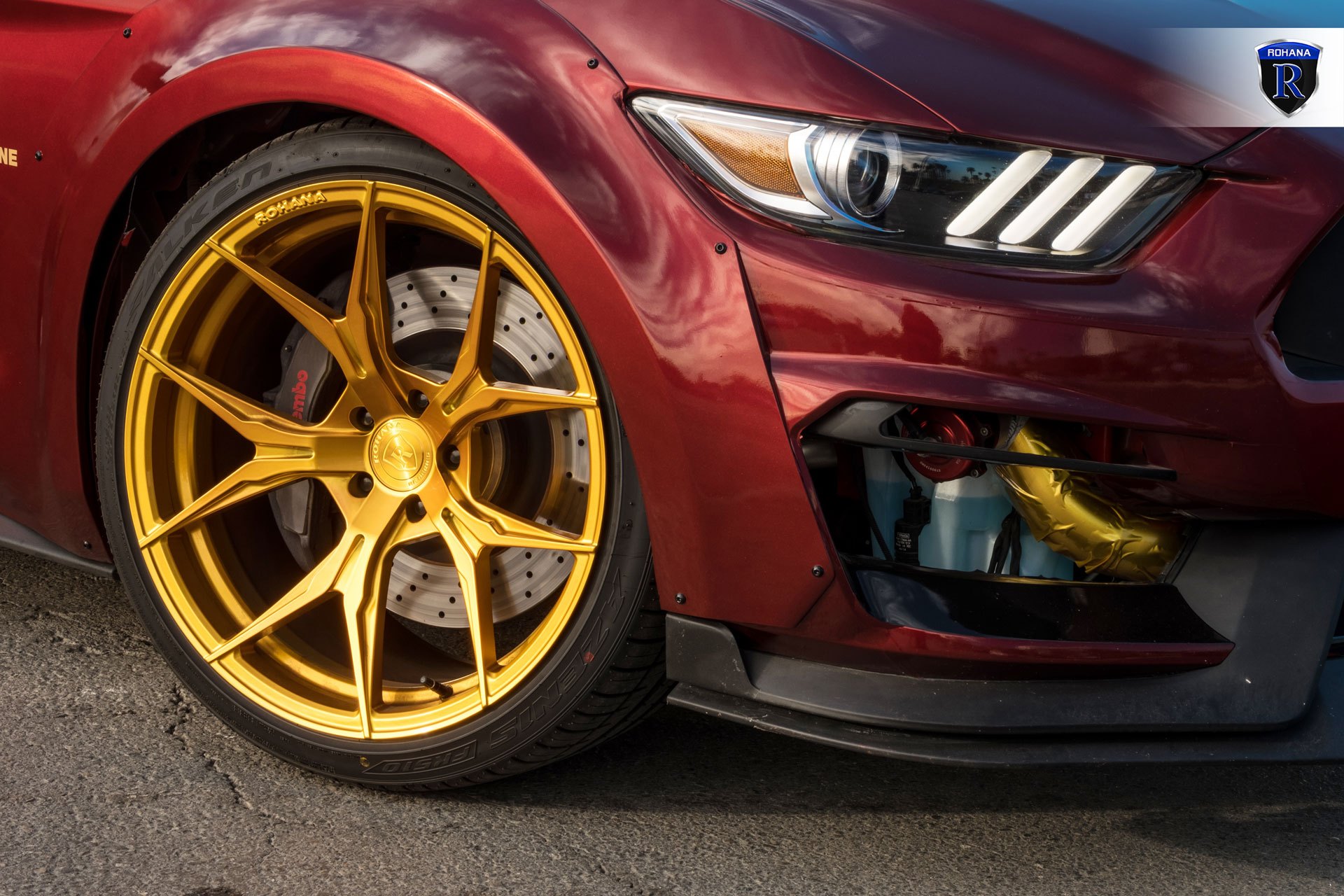 Red Debadged Ford Mustang with Falken Tires - Photo by Rohana Wheels