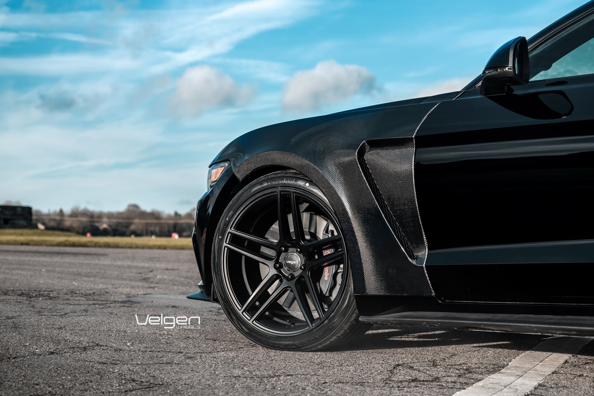 Carbon Fiber Side Scoops on Black Ford Mustang - Photo by Velgen