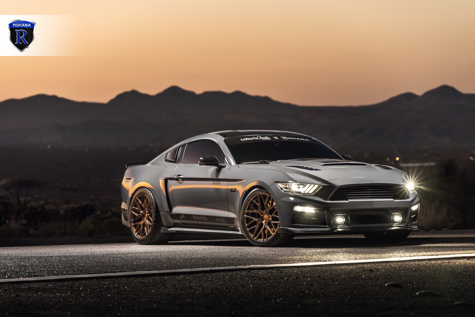Aftermarket LED Headlights on Gray Ford Mustang - Photo by Rohana Wheels