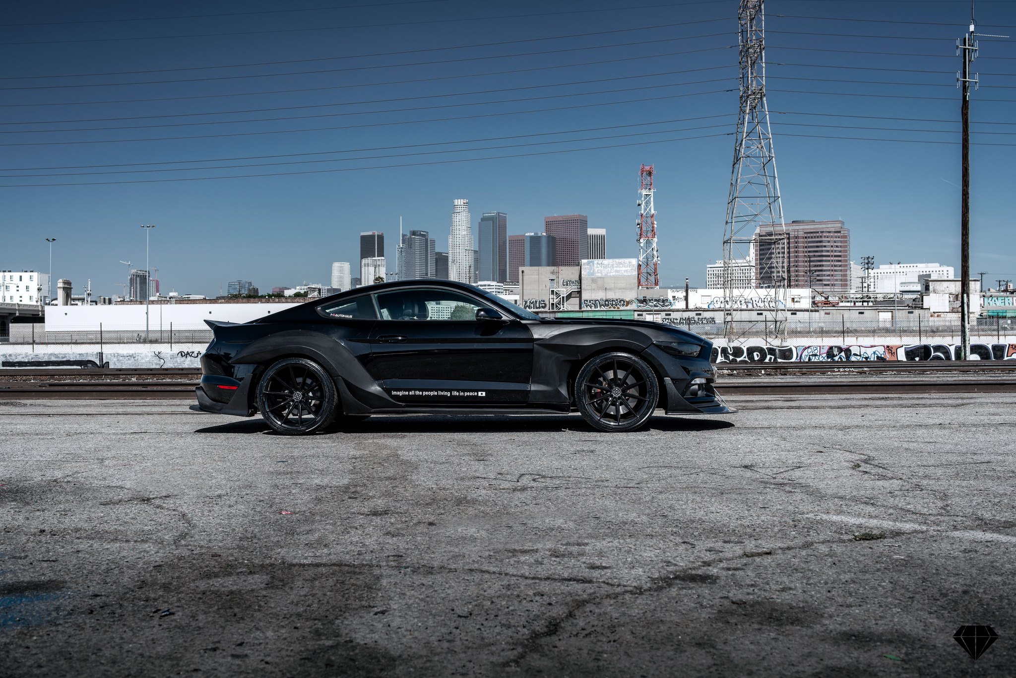Carbon Fiber Side Skirts on Black Ford Mustang GT - Photo by Blaque Diamond Wheels