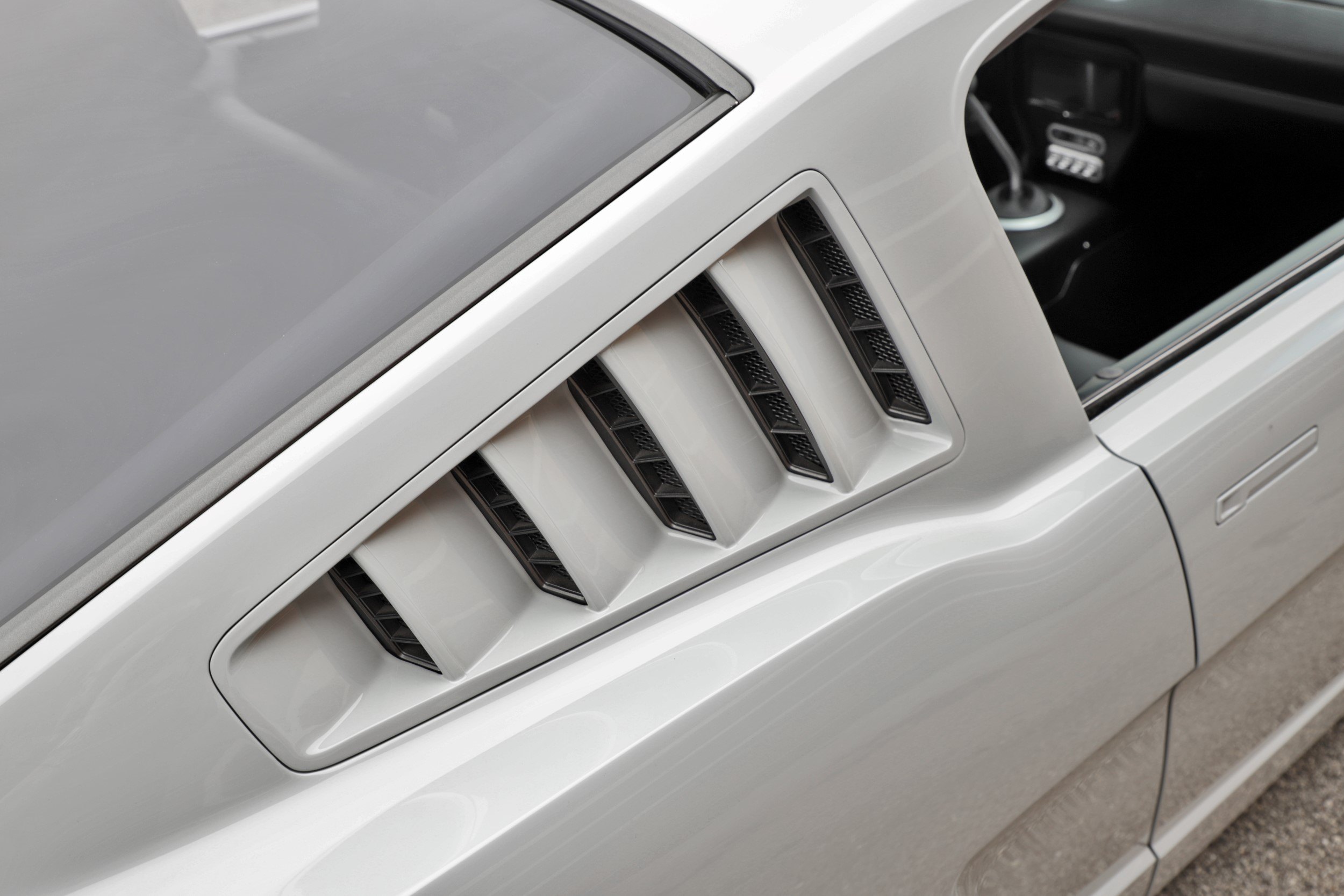 Side Window Louvers on Custom White Ford Mustang - Photo by Roadster Shop