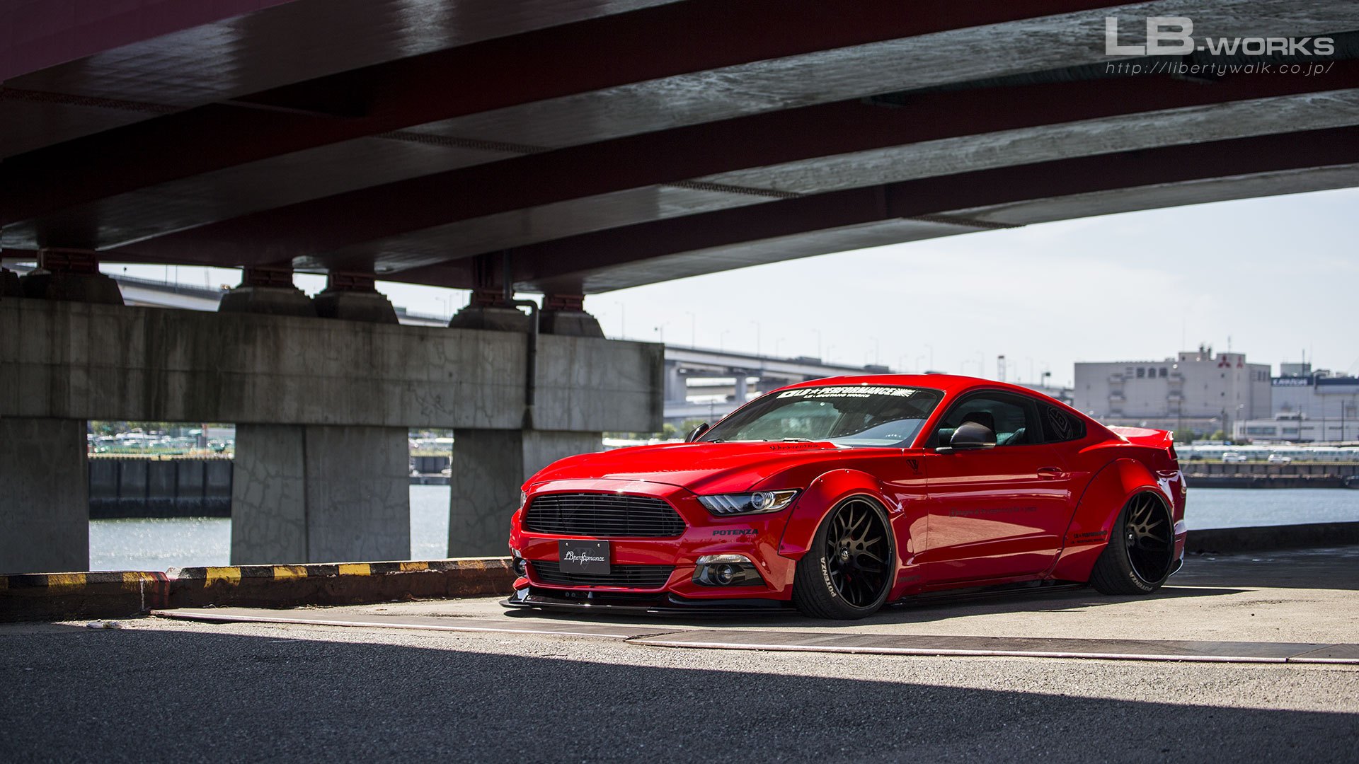 Liberty Walk Body Kit on Red Ford Mustang - Photo by LB Performance