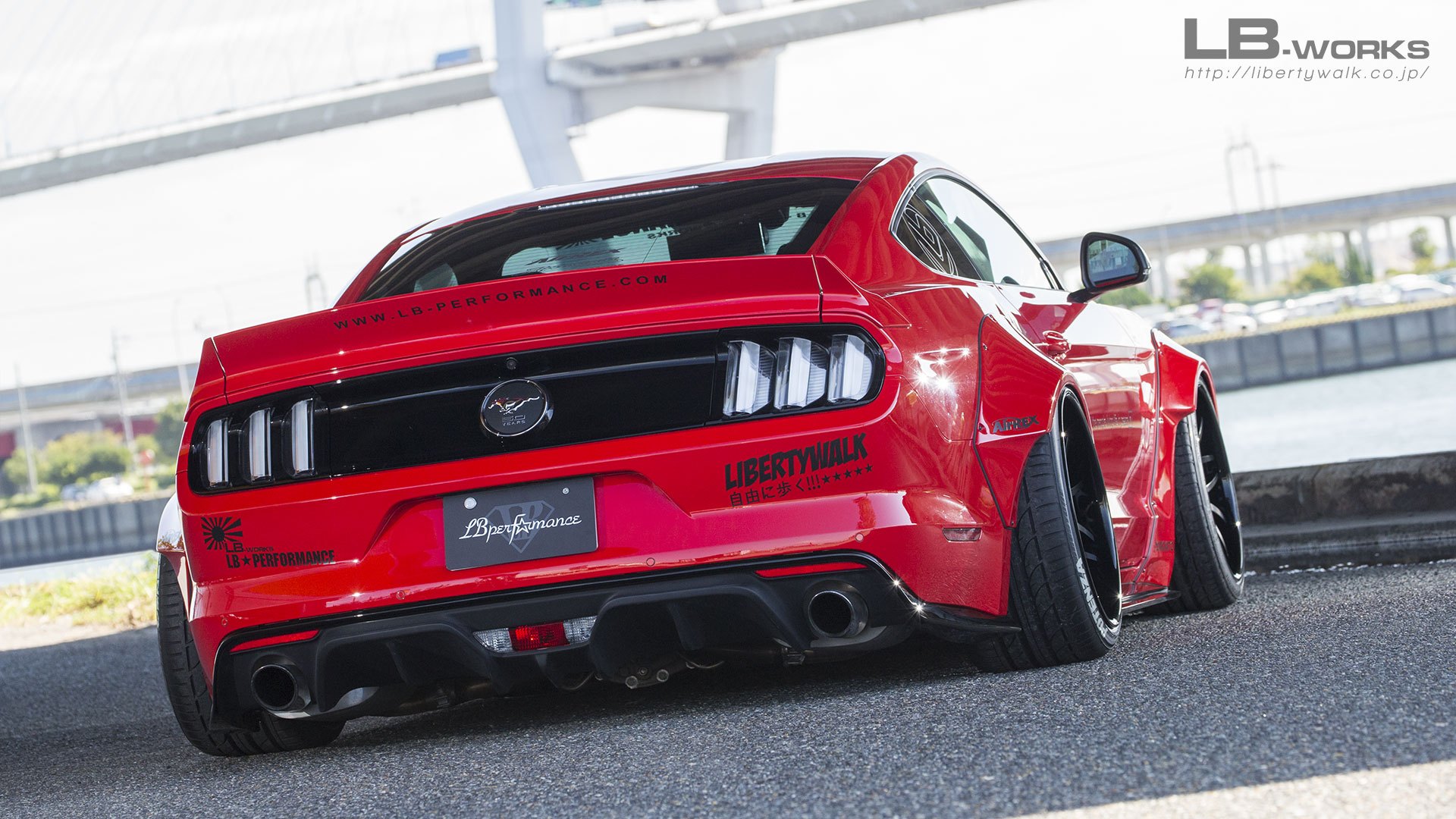 Custom Liberty Walk Rear Spoiler on Red Ford Mustang - Photo by LB Performance