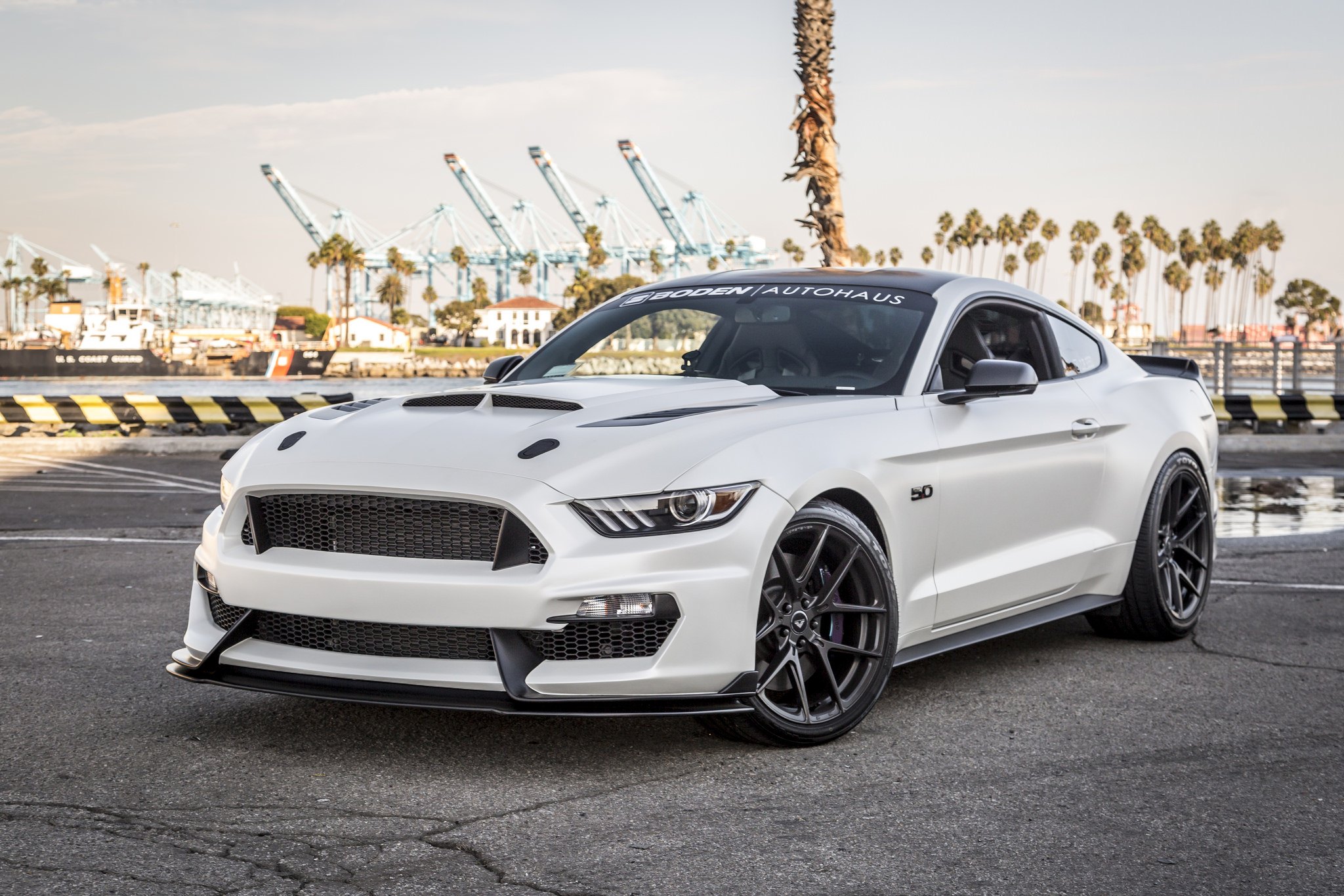 White Ford Mustang 5.0 with Custom Vented Hood - Photo by Boden Autohaus