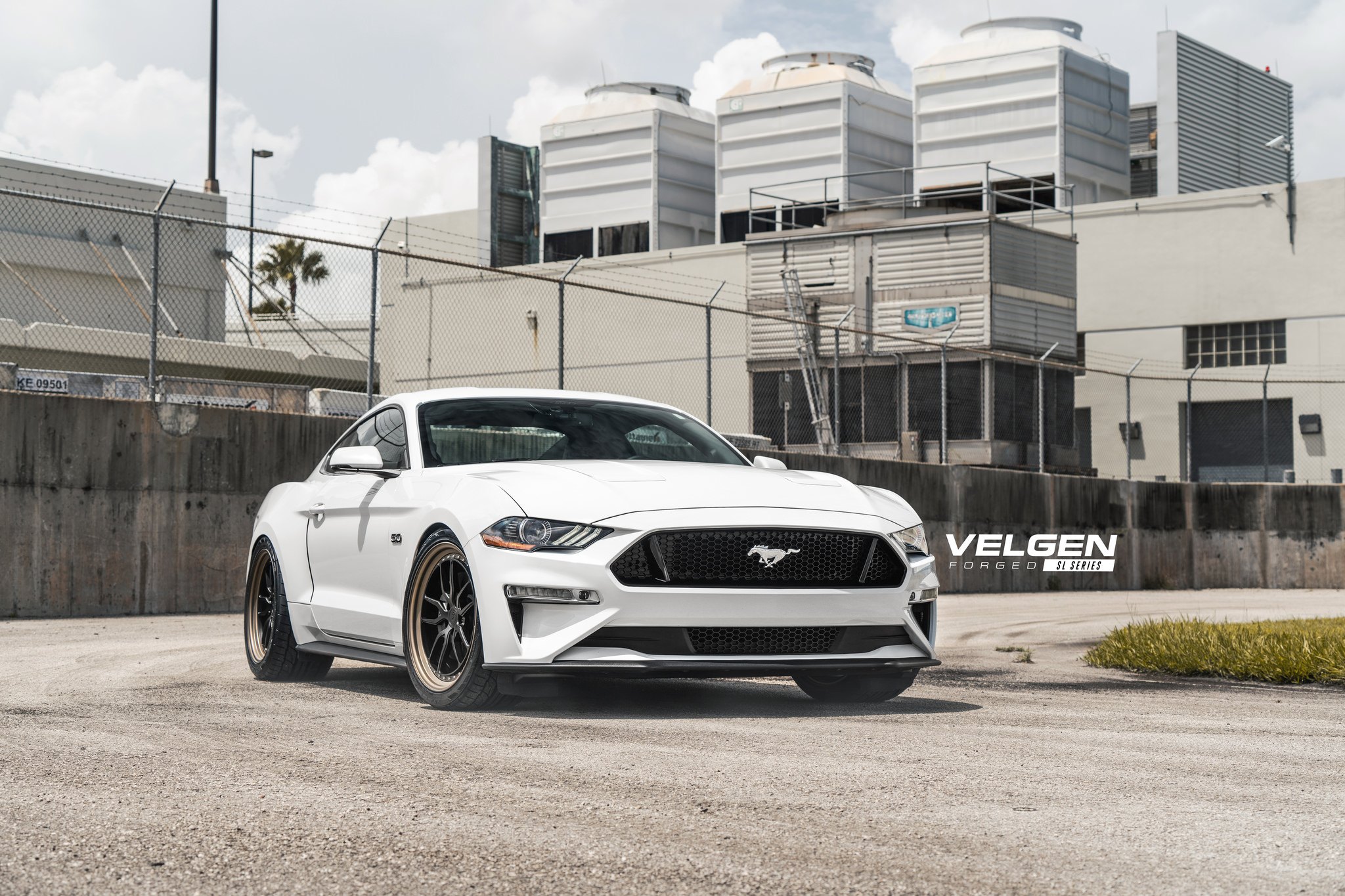 Aftermarket Front Bumper on White Ford Mustang 5.0 - Photo by Velgen Wheels