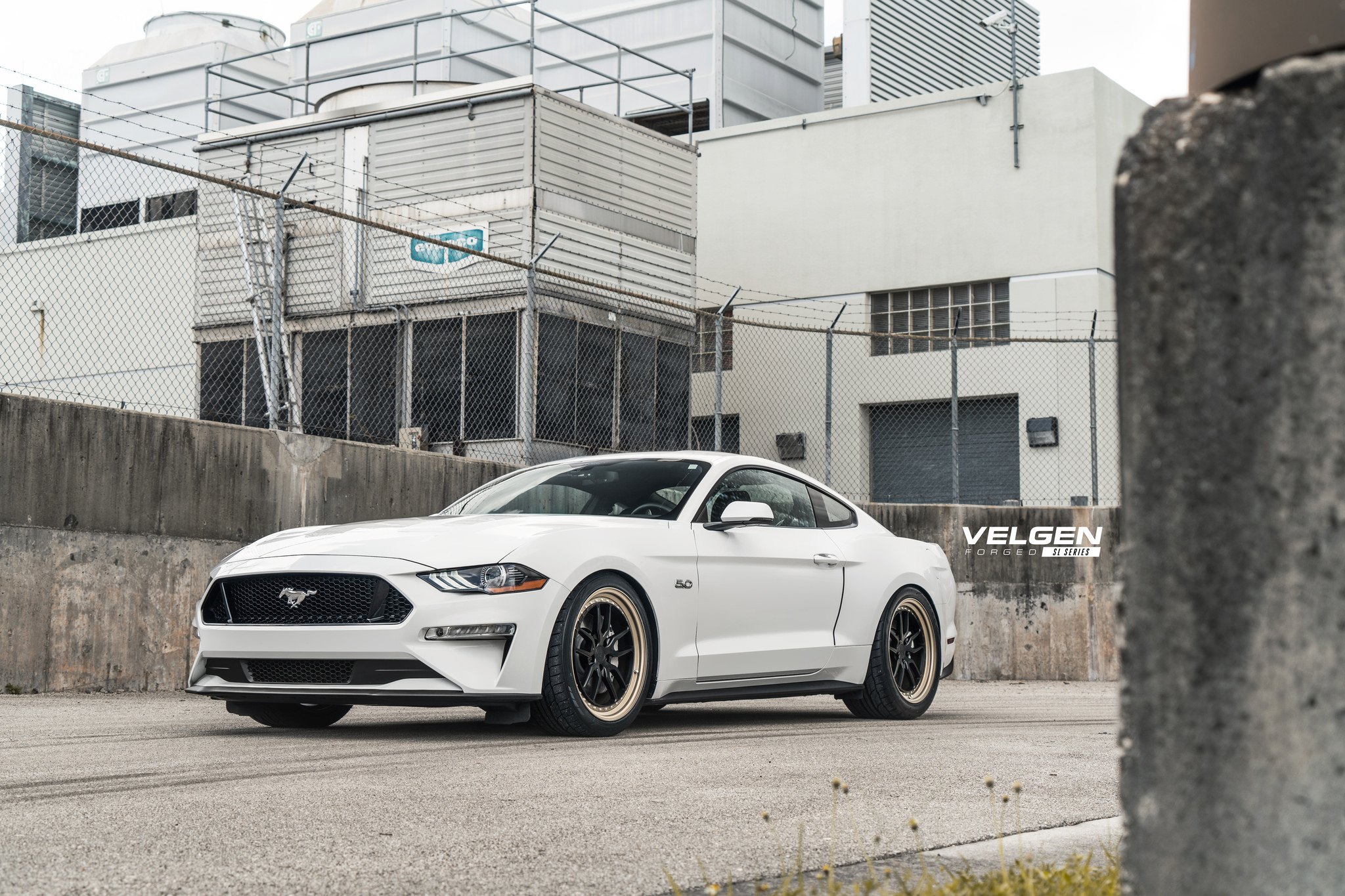 Aftermarket Headlights on White Ford Mustang 5.0 - Photo by Velgen Wheels