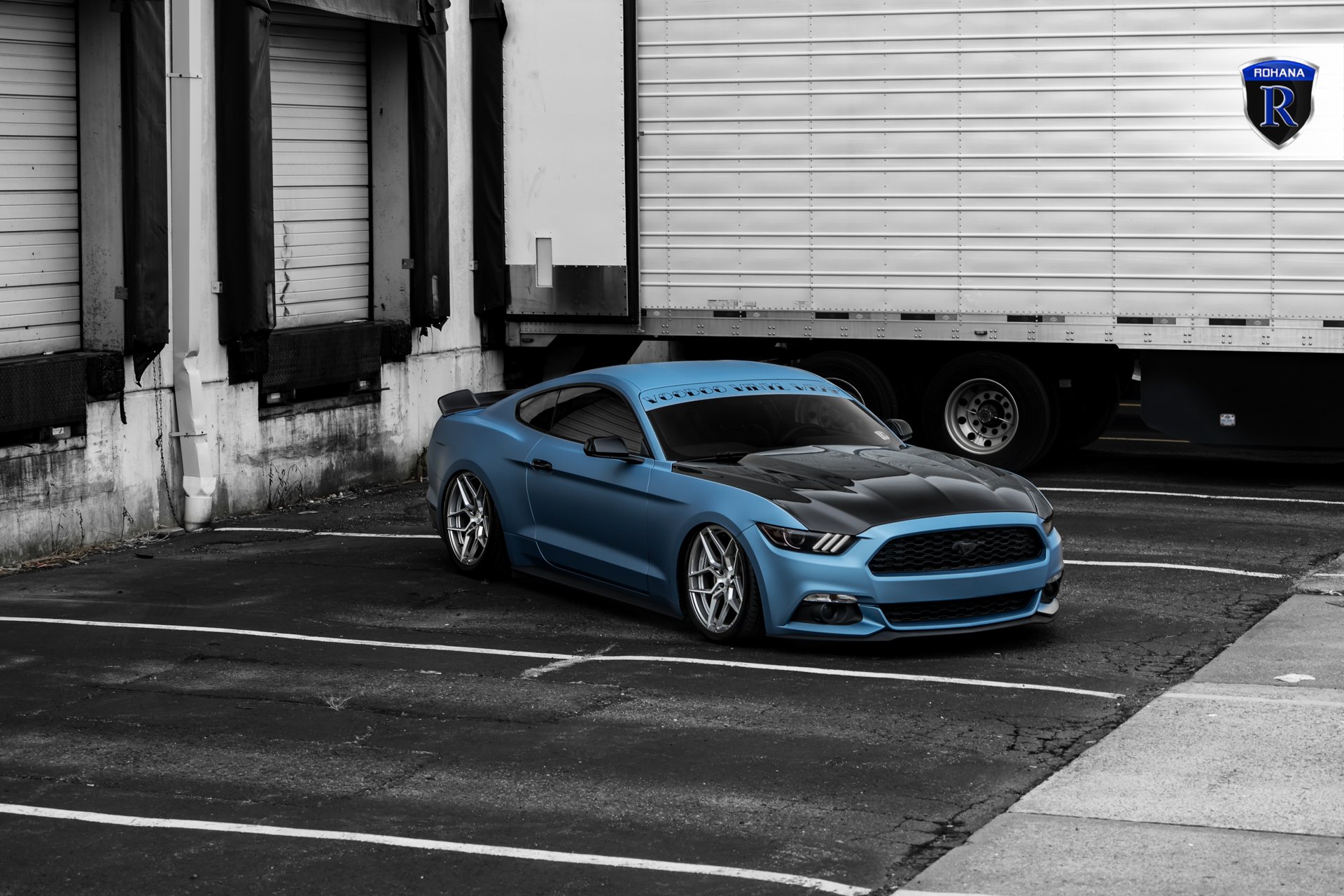 Blue Stanced Ford Mustang with Custom Hood - Photo by Rohana Wheels