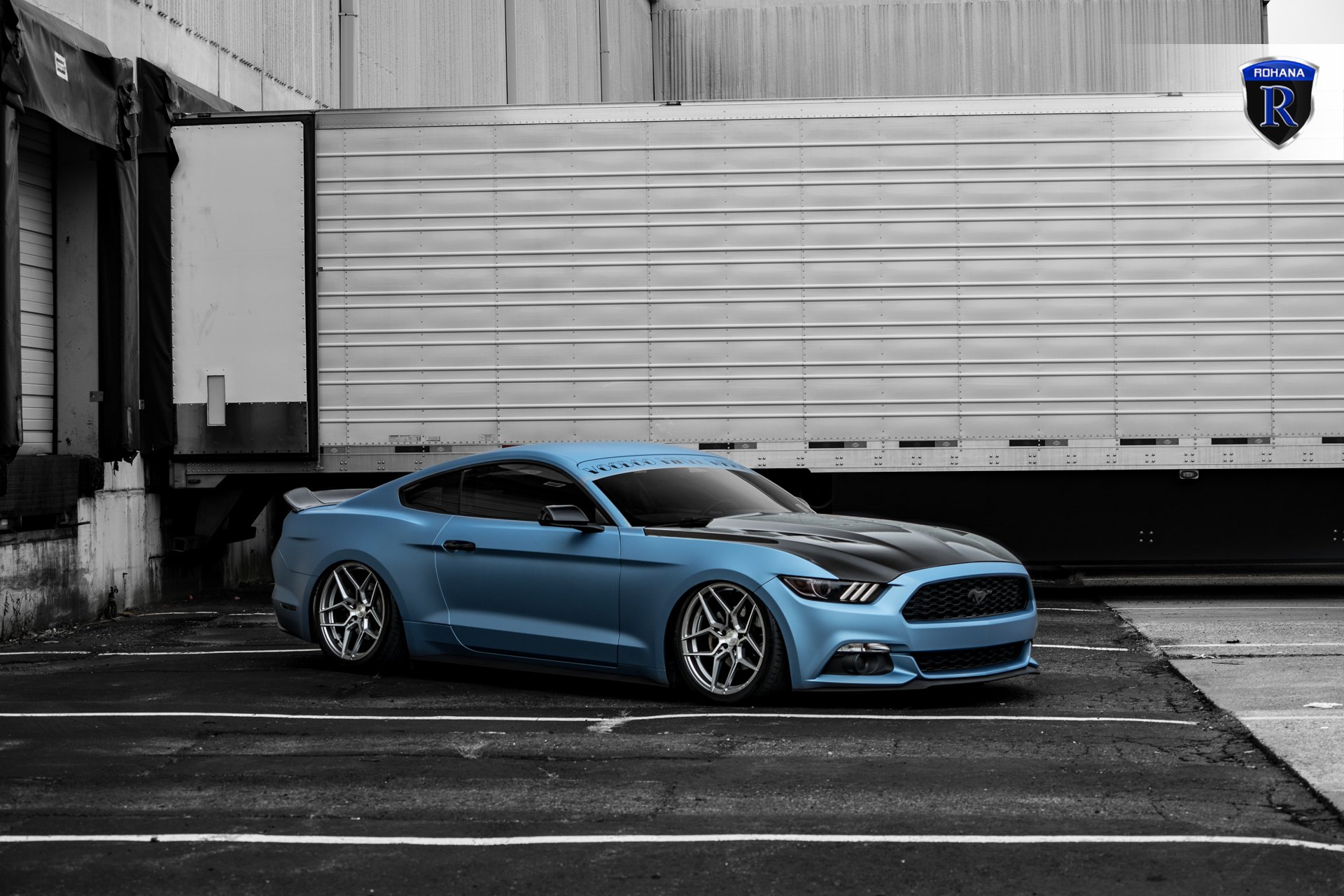 Custom Blue Stanced Ford Mustang Side Skirts - Photo by Rohana Wheels