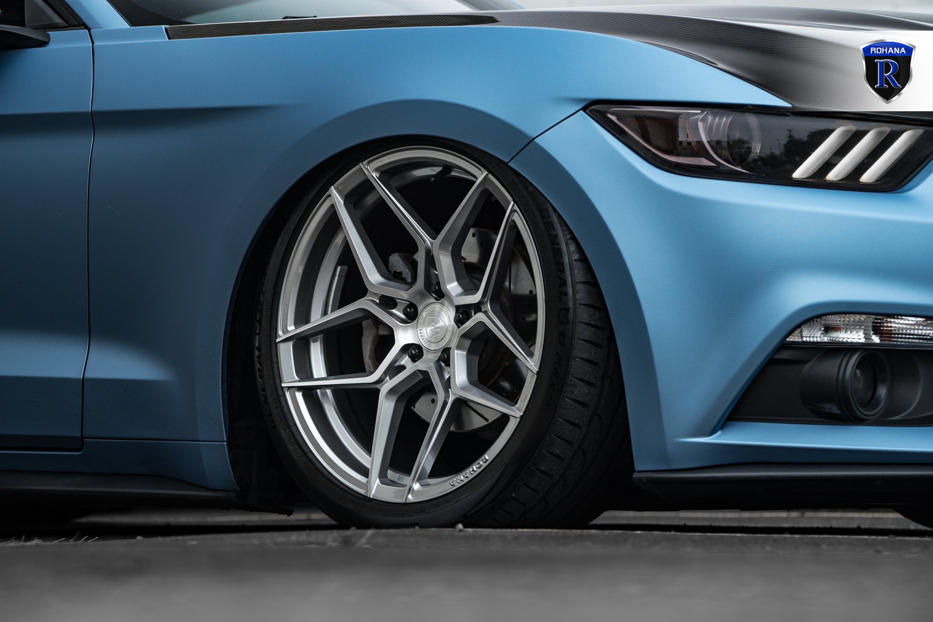 General Tires on Custom Blue Ford Mustang - Photo by Rohana Wheels