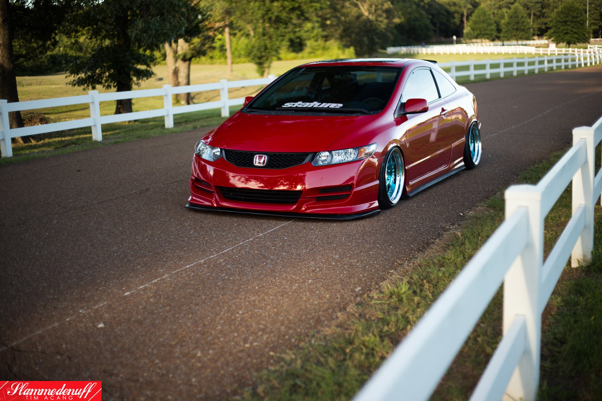 Aftermarket Headlights on Red Stanced Honda Civic - Photo by Avant Garde Wheels