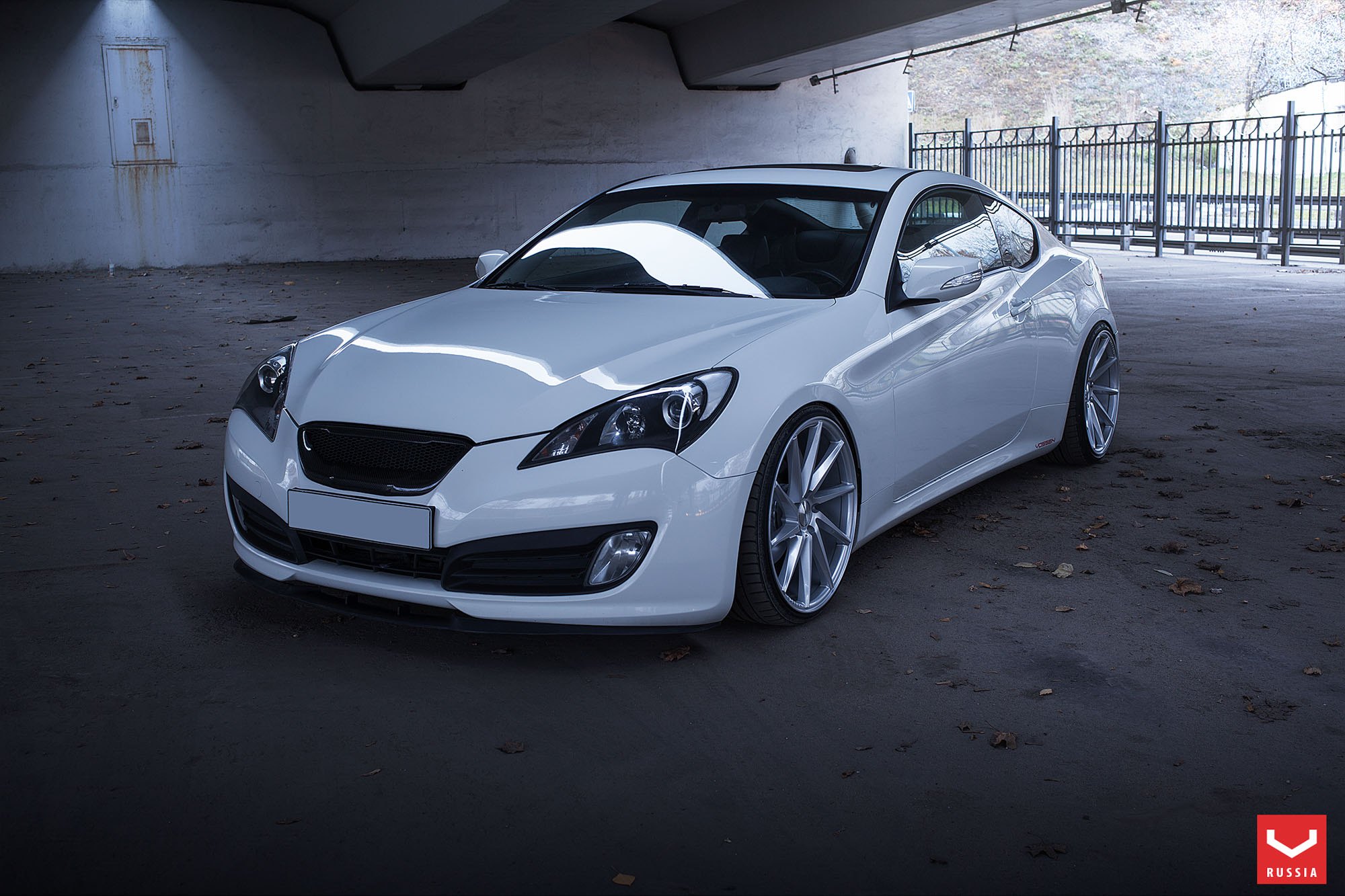 White Hyundai Genesis Coupe with Aftermarket LED Headlights - Photo by Vossen