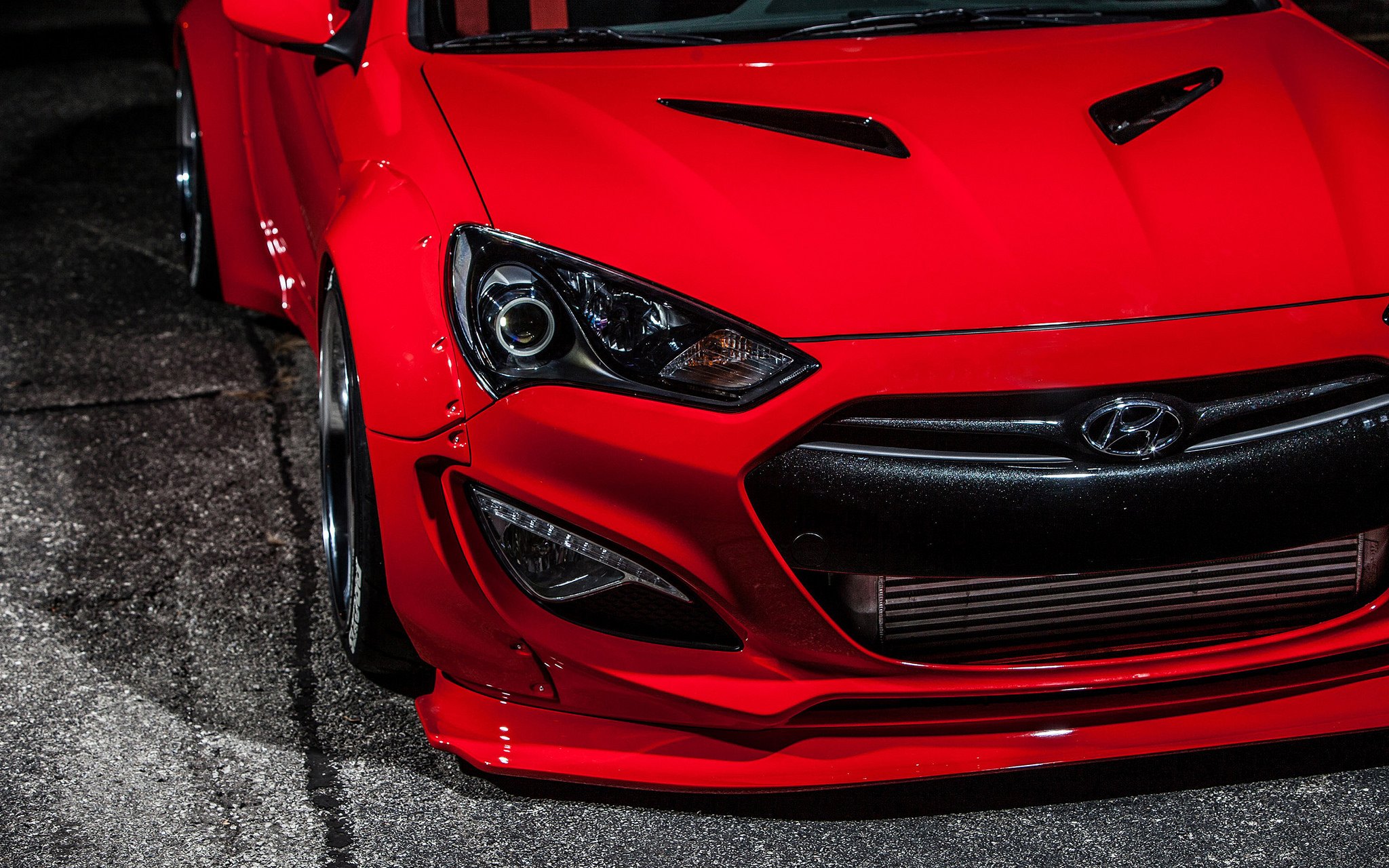Red Hyundai Genesis Coupe with Custom Wheels - Photo by Blood Type Racing Inc