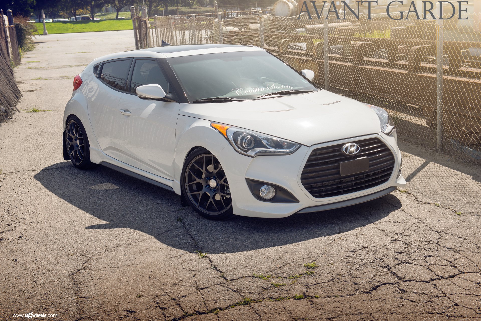 Front Bumper with Fog Lights on White Hyundai Veloster - Photo by Avant Garde Wheels