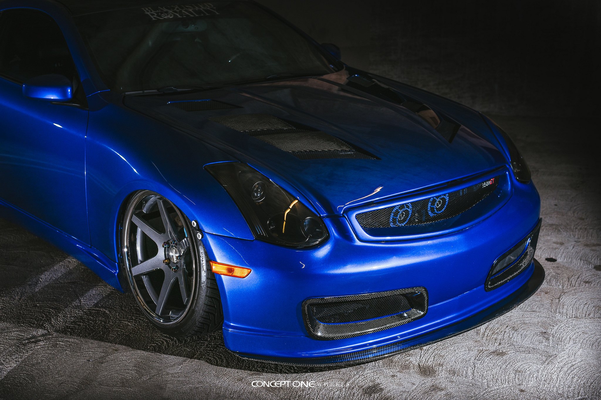 Aftermarket Hood with Air Vents on Blue Infiniti G35 - Photo by Concept One