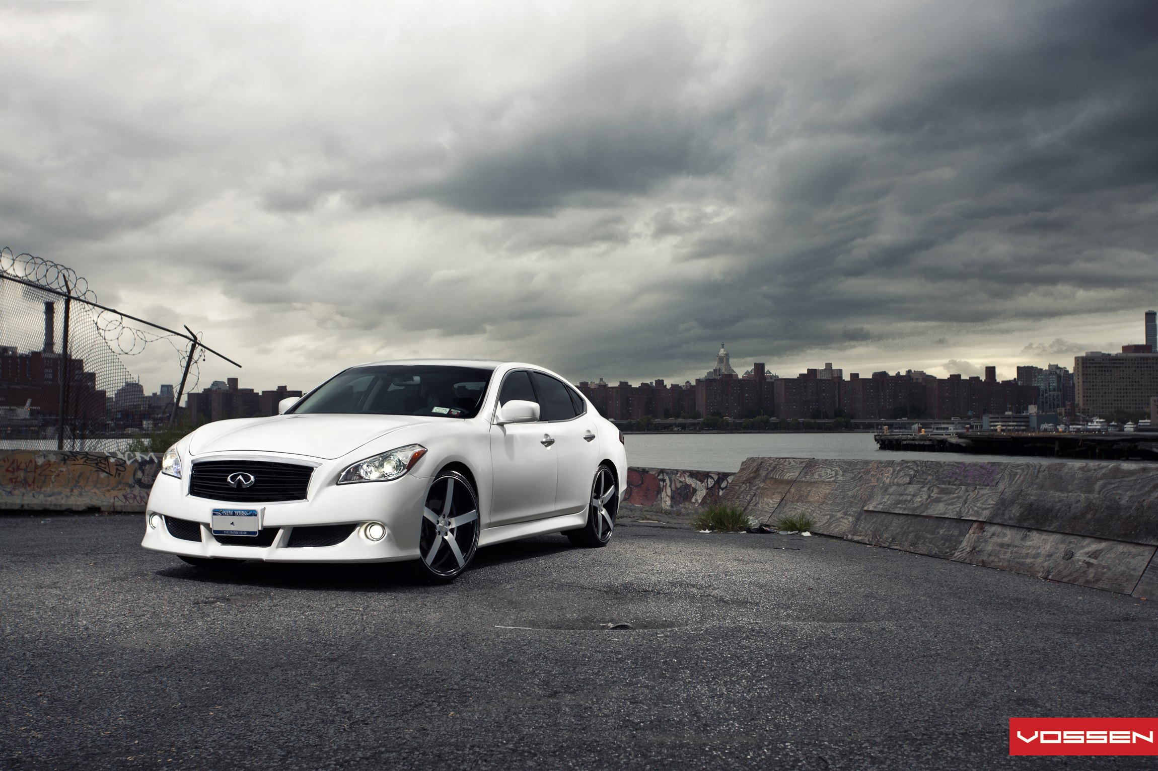 Front Bumper with LED Fog Lights on White Infiniti M37 - Photo by Vossen