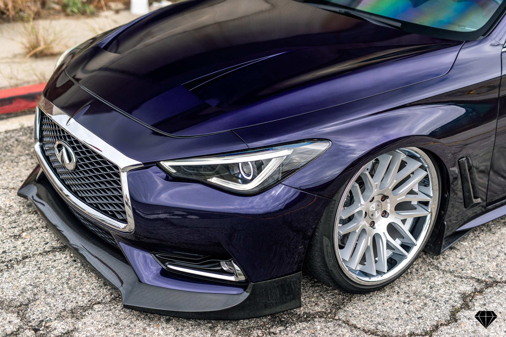 Purple Stanced Infiniti Q60 with Carbon Fiber Front Lip - Photo by Blaque Diamond Wheels