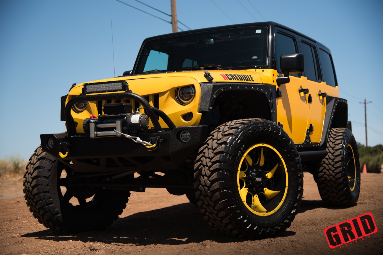 Off-Road Front Winch Bumper on Yellow Jeep Wrangler - Photo by Grid Off-Road