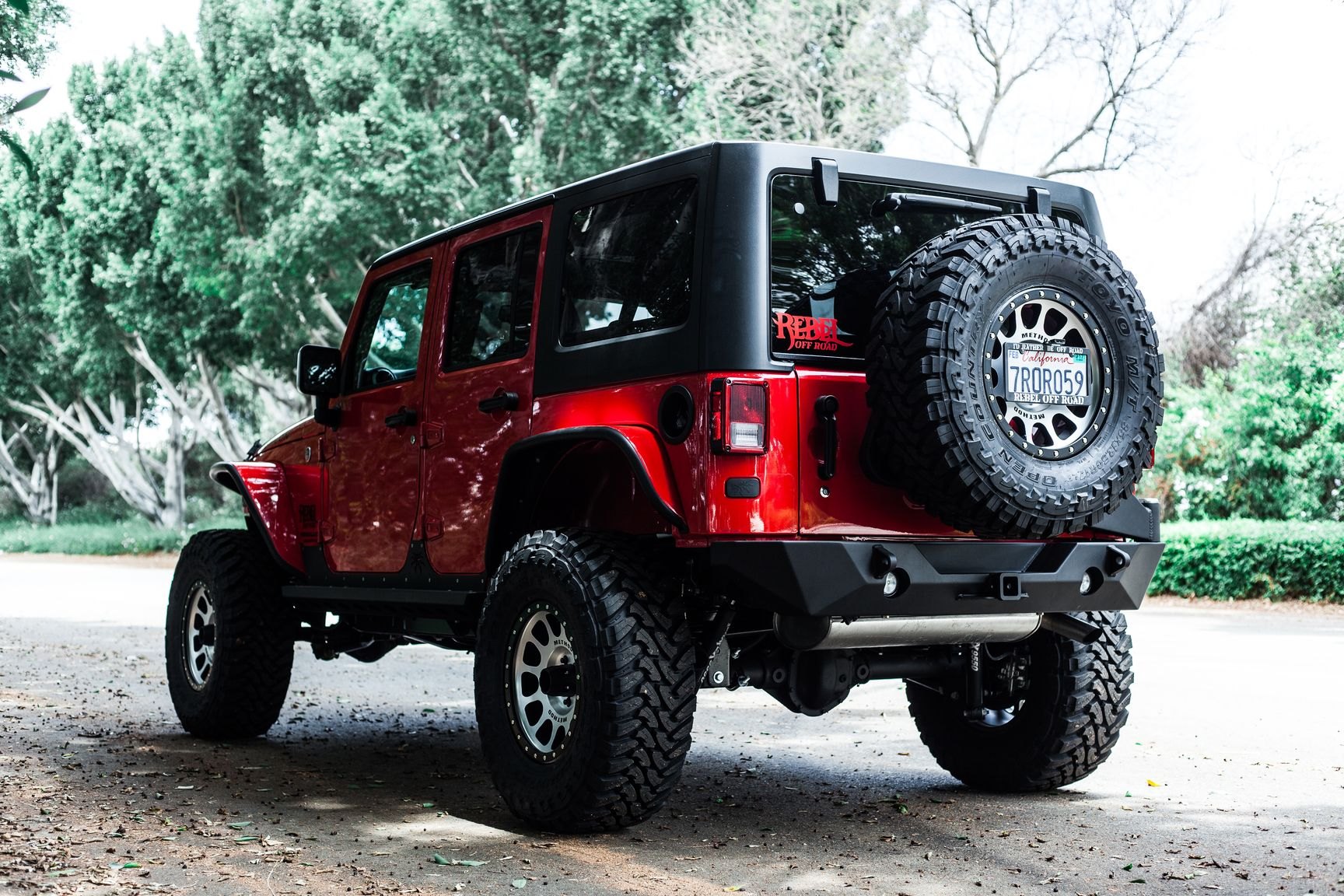 Off-Road Rear Bumper on Red Jeep Wrangler Rubicon - Photo by Rebel Off-Road