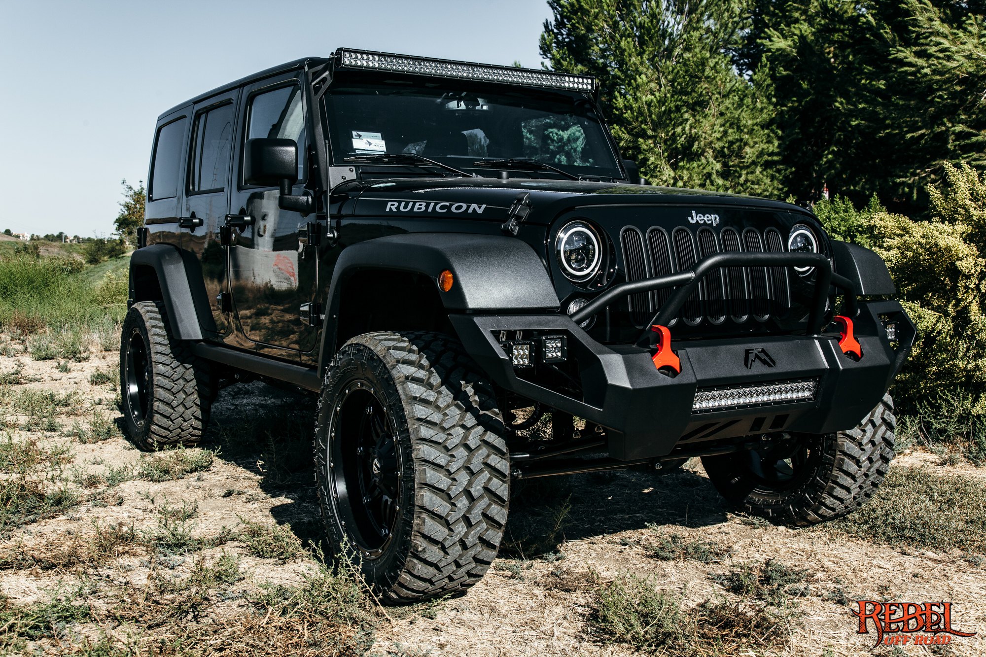Fab Fours Bumper with LED Lights on Black Jeep Wrangler - Photo by Rebel Off-Road