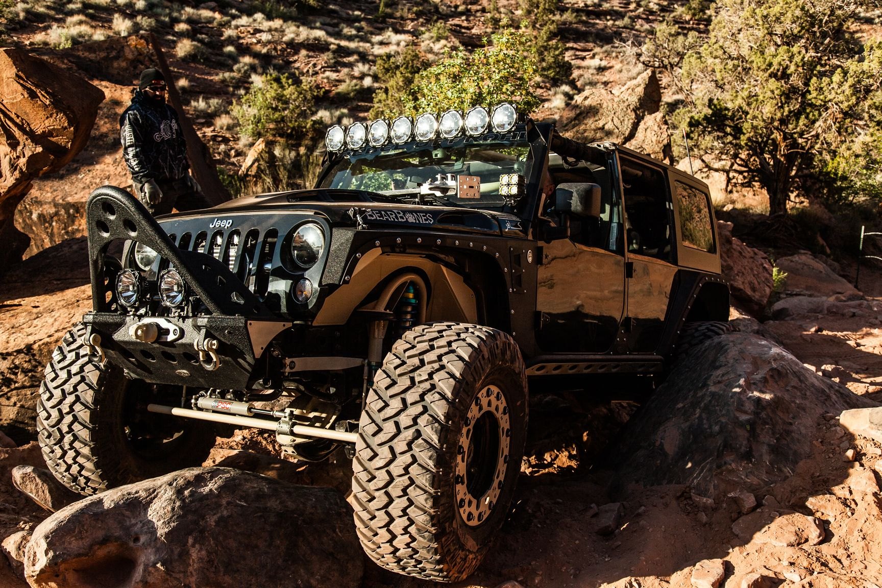 Custom Off-Road Front Bumper on Black Jeep Wrangler - Photo by Rebel Off-Road
