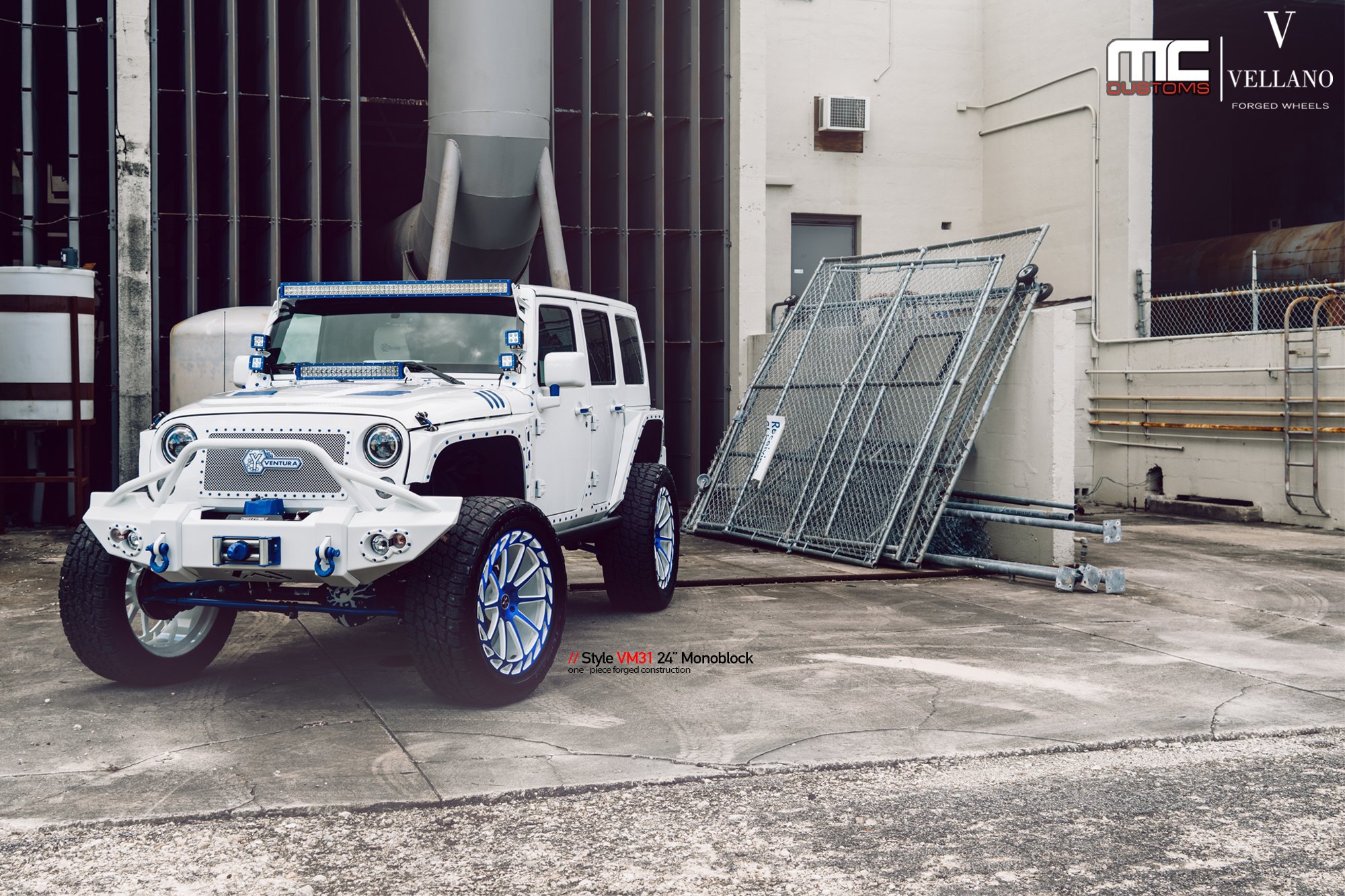 Lifted Stylish White Jeep Wrangler on 24 Inch Blue Vellano Rims and Blue  Accents —  Gallery