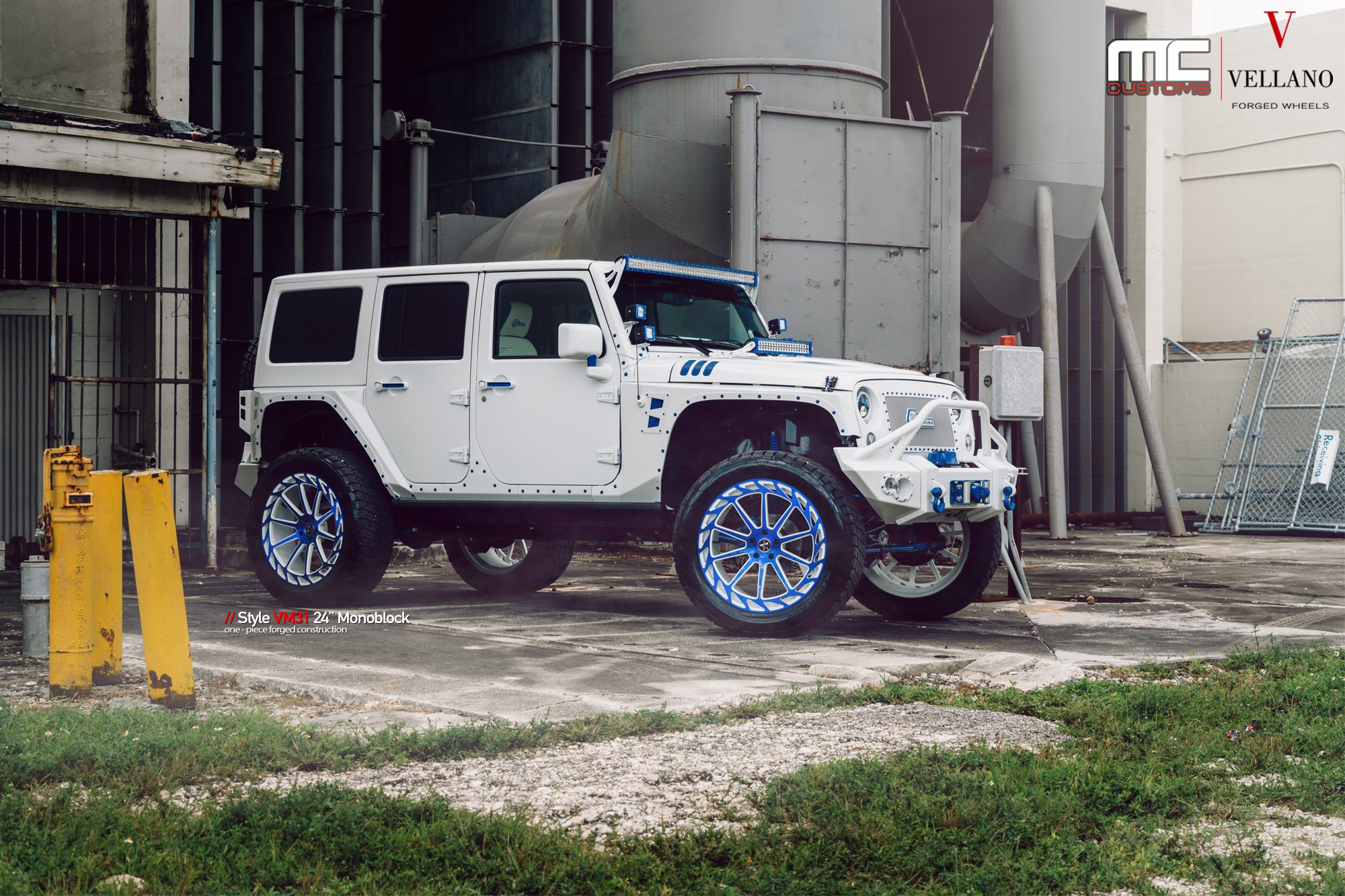 Lifted Stylish White Jeep Wrangler on 24 Inch Blue Vellano Rims and Blue  Accents —  Gallery