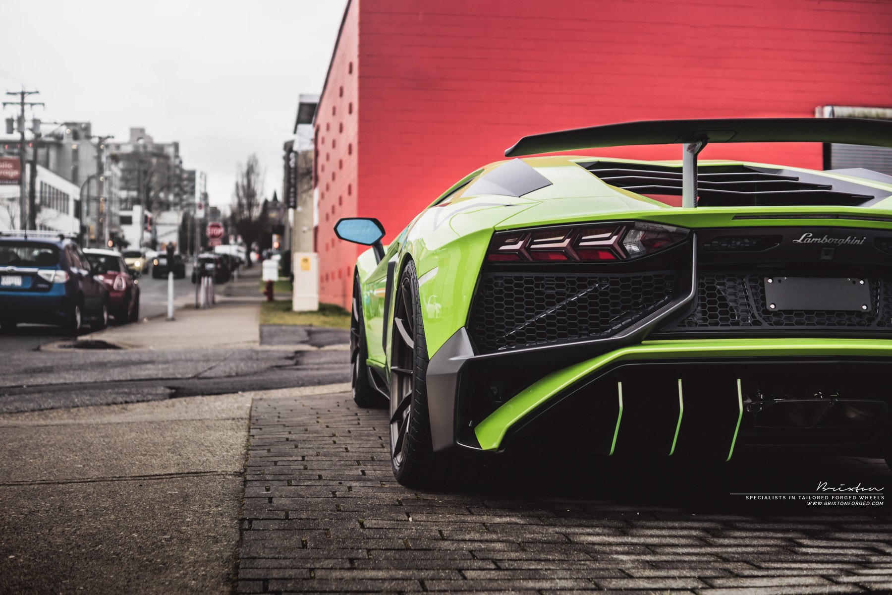Green Lamborghini Aventador with Carbon Fiber Rear Diffuser - Photo by Brixton Forged Wheels