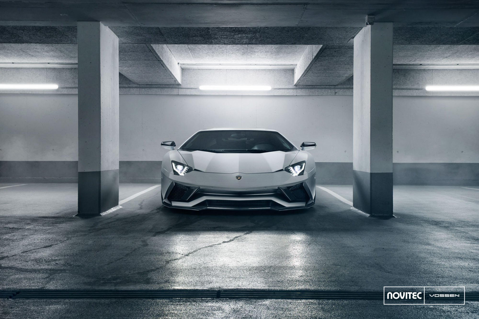Carbon Fiber Front Lip on Gray Lamborghini Aventador - Photo by Vossen