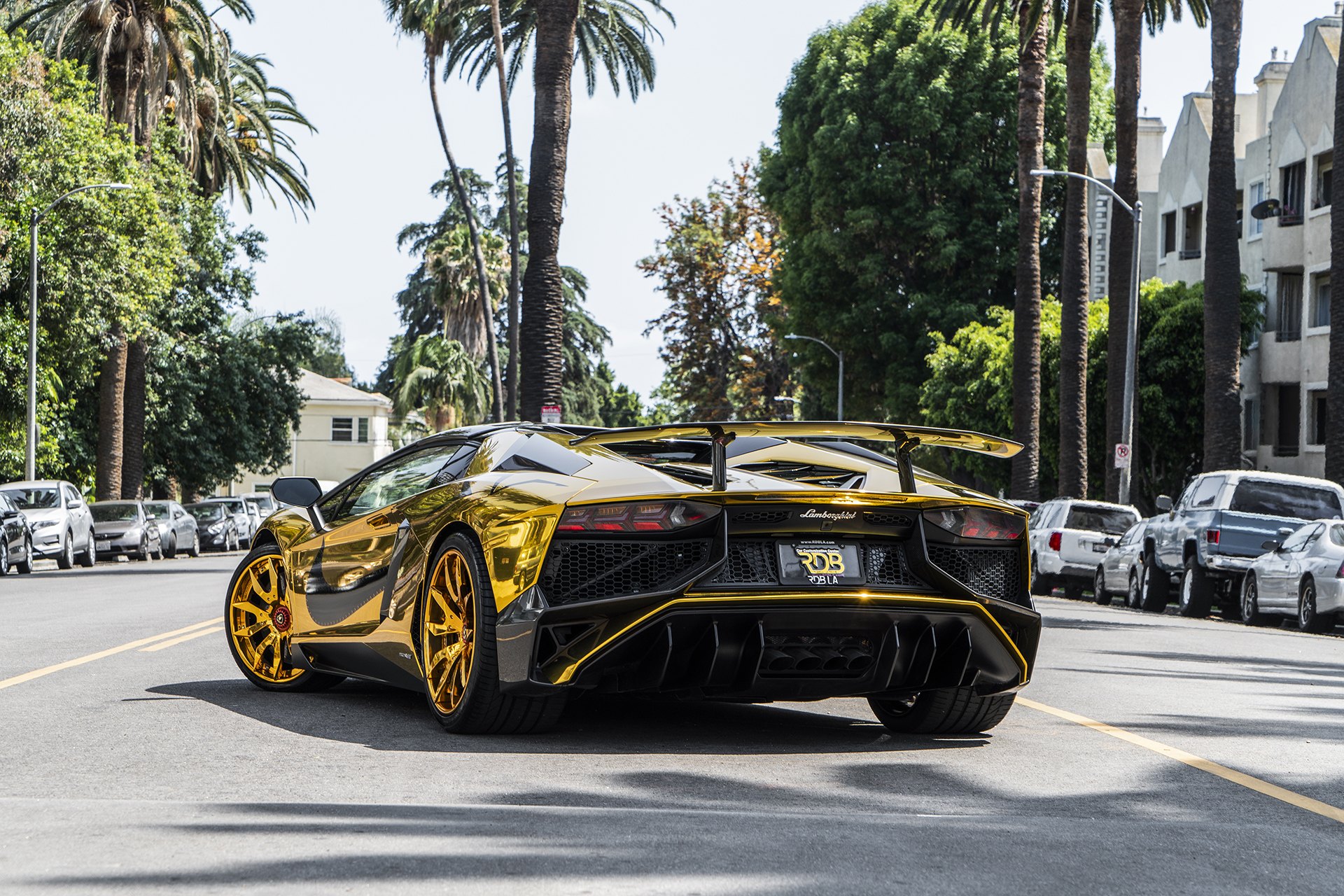 Large Wing Spoiler on Gold Wrapped Lamborghini Aventador - Photo by Forgiato