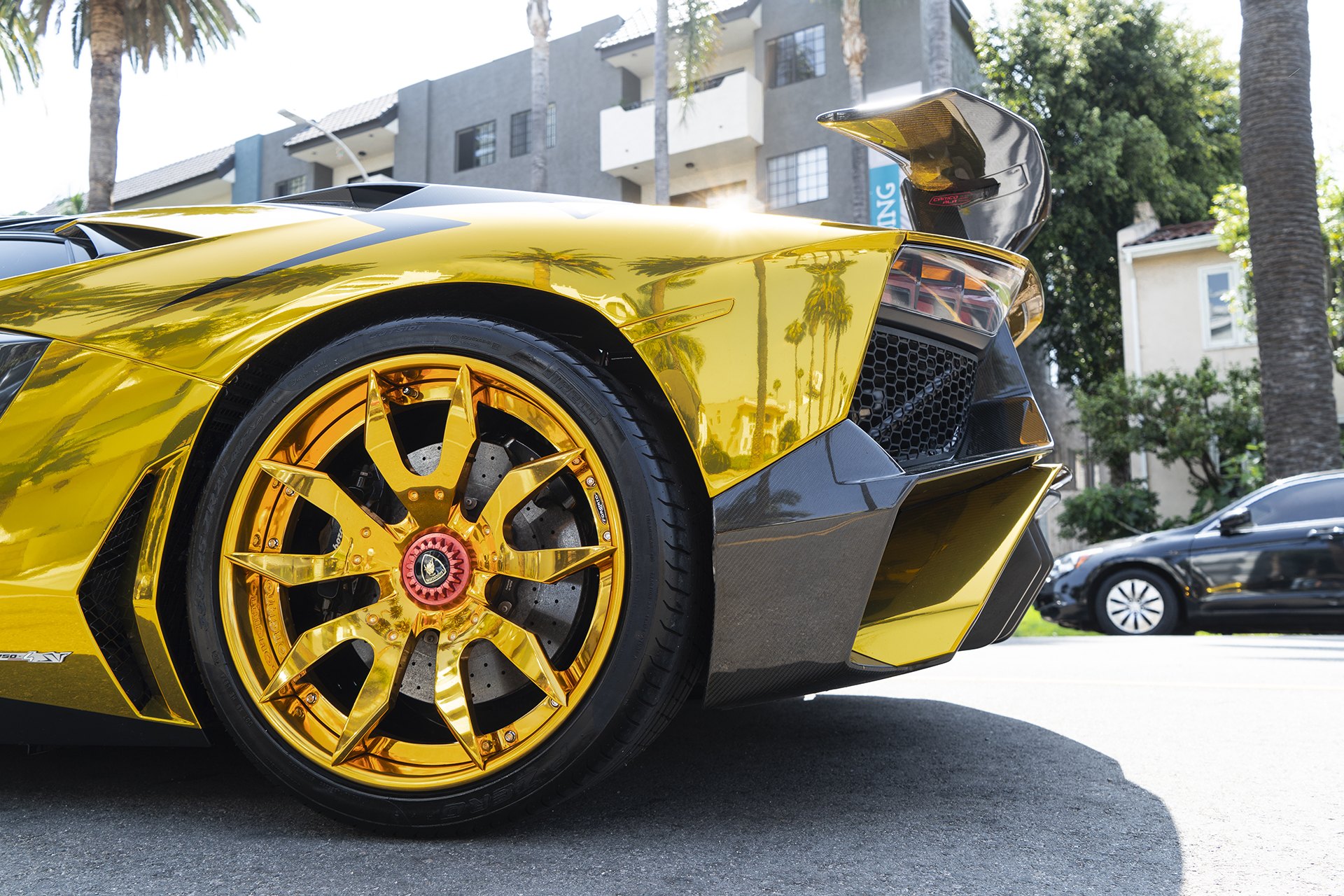 Custom Gold Wrapped Lamborghini Aventador on Pirelli Tires - Photo by Forgiato
