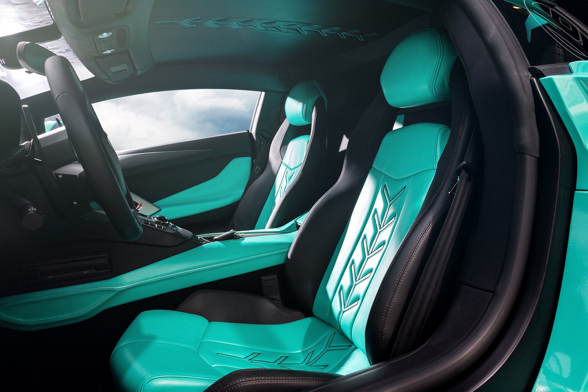 Custom Interior Kit in Mint Lamborghini Aventador - Photo by Forgiato